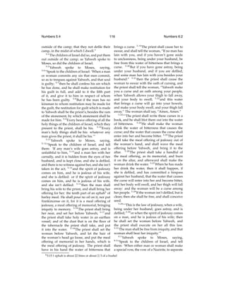 Numbers 5:4

116

outside of the camp; that they not deﬁle their
camp, in the midst of which I dwell.”
5:4
The children of Israel did so, and put them
out outside of the camp; as Yahweh spoke to
Moses, so did the children of Israel.
5:5
Yahweh spoke to Moses, saying,
5:6
“Speak to the children of Israel: ‘When a man
or woman commits any sin that men commit,
so as to trespass against Yahweh, and that soul
is guilty; 5:7 then he shall confess his sin which
he has done, and he shall make restitution for
his guilt in full, and add to it the ﬁfth part
of it, and give it to him in respect of whom
he has been guilty. 5:8 But if the man has no
kinsman to whom restitution may be made for
the guilt, the restitution for guilt which is made
to Yahweh shall be the priest’s; besides the ram
of the atonement, by which atonement shall be
made for him. 5:9 Every heave offering of all the
holy things of the children of Israel, which they
present to the priest, shall be his. 5:10 Every
man’s holy things shall be his: whatever any
man gives the priest, it shall be his.’”
5:11
Yahweh spoke to Moses, saying,
5:12
“Speak to the children of Israel, and tell
them: ‘If any man’s wife goes astray, and is
unfaithful to him, 5:13 and a man lies with her
carnally, and it is hidden from the eyes of her
husband, and is kept close, and she is deﬁled,
and there is no witness against her, and she isn’t
taken in the act; 5:14 and the spirit of jealousy
comes on him, and he is jealous of his wife,
and she is deﬁled: or if the spirit of jealousy
comes on him, and he is jealous of his wife,
and she isn’t deﬁled: 5:15 then the man shall
bring his wife to the priest, and shall bring her
offering for her: the tenth part of an ephahb of
barley meal. He shall pour no oil on it, nor put
frankincense on it, for it is a meal offering of
jealousy, a meal offering of memorial, bringing
iniquity to memory. 5:16 The priest shall bring
her near, and set her before Yahweh; 5:17 and
the priest shall take holy water in an earthen
vessel; and of the dust that is on the ﬂoor of
the tabernacle the priest shall take, and put
it into the water. 5:18 The priest shall set the
woman before Yahweh, and let the hair of
the woman’s head go loose, and put the meal
offering of memorial in her hands, which is
the meal offering of jealousy. The priest shall
have in his hand the water of bitterness that
b 5:15

Numbers 6:2

brings a curse. 5:19 The priest shall cause her to
swear, and shall tell the woman, “If no man has
lain with you, and if you haven’t gone aside
to uncleanness, being under your husband, be
free from this water of bitterness that brings a
curse. 5:20 But if you have gone astray, being
under your husband, and if you are deﬁled,
and some man has lain with you besides your
husband:” 5:21 then the priest shall cause the
woman to swear with the oath of cursing, and
the priest shall tell the woman, “Yahweh make
you a curse and an oath among your people,
when Yahweh allows your thigh to fall away,
and your body to swell; 5:22 and this water
that brings a curse will go into your bowels,
and make your body swell, and your thigh fall
away.” The woman shall say, “Amen, Amen.”
5:23
“‘The priest shall write these curses in a
book, and he shall blot them out into the water
of bitterness. 5:24 He shall make the woman
drink the water of bitterness that causes the
curse; and the water that causes the curse shall
enter into her and become bitter. 5:25 The priest
shall take the meal offering of jealousy out of
the woman’s hand, and shall wave the meal
offering before Yahweh, and bring it to the
altar. 5:26 The priest shall take a handful of
the meal offering, as its memorial, and burn
it on the altar, and afterward shall make the
woman drink the water. 5:27 When he has made
her drink the water, then it shall happen, if
she is deﬁled, and has committed a trespass
against her husband, that the water that causes
the curse will enter into her and become bitter,
and her body will swell, and her thigh will fall
away: and the woman will be a curse among
her people. 5:28 If the woman isn’t deﬁled, but is
clean; then she shall be free, and shall conceive
seed.
5:29
“‘This is the law of jealousy, when a wife,
being under her husband, goes astray, and is
deﬁled; 5:30 or when the spirit of jealousy comes
on a man, and he is jealous of his wife; then
he shall set the woman before Yahweh, and
the priest shall execute on her all this law.
5:31
The man shall be free from iniquity, and that
woman shall bear her iniquity.’”
6:1
Yahweh spoke to Moses, saying,
6:2
“Speak to the children of Israel, and tell
them: ‘When either man or woman shall make
a special vow, the vow of a Nazirite, to separate

1 ephah is about 22 litres or about 2/3 of a bushel

 