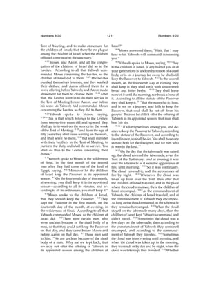Numbers 8:20

121

Tent of Meeting, and to make atonement for
the children of Israel; that there be no plague
among the children of Israel, when the children
of Israel come near to the sanctuary.”
8:20
Moses, and Aaron, and all the congregation of the children of Israel did so to the
Levites. According to all that Yahweh commanded Moses concerning the Levites, so the
children of Israel did to them. 8:21 The Levites
puriﬁed themselves from sin, and they washed
their clothes; and Aaron offered them for a
wave offering before Yahweh; and Aaron made
atonement for them to cleanse them. 8:22 After
that, the Levites went in to do their service in
the Tent of Meeting before Aaron, and before
his sons: as Yahweh had commanded Moses
concerning the Levites, so they did to them.
8:23
Yahweh spoke to Moses, saying,
8:24
“This is that which belongs to the Levites:
from twenty-ﬁve years old and upward they
shall go in to wait on the service in the work
of the Tent of Meeting; 8:25 and from the age of
ﬁfty years they shall cease waiting on the work,
and shall serve no more, 8:26 but shall minister
with their brothers in the Tent of Meeting, to
perform the duty, and shall do no service. You
shall do thus to the Levites concerning their
duties.”
9:1
Yahweh spoke to Moses in the wilderness
of Sinai, in the ﬁrst month of the second
year after they had come out of the land of
Egypt, saying, 9:2 “Moreover let the children
of Israel keep the Passover in its appointed
season. 9:3 On the fourteenth day of this month,
at evening, you shall keep it in its appointed
season—according to all its statutes, and according to all its ordinances, you shall keep it.”
9:4
Moses spoke to the children of Israel,
that they should keep the Passover. 9:5 They
kept the Passover in the ﬁrst month, on the
fourteenth day of the month, at evening, in
the wilderness of Sinai. According to all that
Yahweh commanded Moses, so the children of
Israel did. 9:6 There were certain men, who
were unclean because of the dead body of a
man, so that they could not keep the Passover
on that day, and they came before Moses and
before Aaron on that day. 9:7 Those men said
to him, “We are unclean because of the dead
body of a man. Why are we kept back, that
we may not offer the offering of Yahweh in
its appointed season among the children of

Numbers 9:22

Israel?”
9:8
Moses answered them, “Wait, that I may
hear what Yahweh will command concerning
you.”
9:9
Yahweh spoke to Moses, saying, 9:10 “Say
to the children of Israel, ‘If any man of you or of
your generations is unclean by reason of a dead
body, or is on a journey far away, he shall still
keep the Passover to Yahweh. 9:11 In the second
month, on the fourteenth day at evening they
shall keep it; they shall eat it with unleavened
bread and bitter herbs. 9:12 They shall leave
none of it until the morning, nor break a bone of
it. According to all the statute of the Passover
they shall keep it. 9:13 But the man who is clean,
and is not on a journey, and fails to keep the
Passover, that soul shall be cut off from his
people. Because he didn’t offer the offering of
Yahweh in its appointed season, that man shall
bear his sin.
9:14
“‘If a foreigner lives among you, and desires to keep the Passover to Yahweh; according
to the statute of the Passover, and according to
its ordinance, so shall he do. You shall have one
statute, both for the foreigner, and for him who
is born in the land.’”
9:15
On the day that the tabernacle was raised
up, the cloud covered the tabernacle, even the
Tent of the Testimony: and at evening it was
over the tabernacle as it were the appearance of
ﬁre, until morning. 9:16 So it was continually.
The cloud covered it, and the appearance of
ﬁre by night. 9:17 Whenever the cloud was
taken up from over the Tent, then after that
the children of Israel traveled; and in the place
where the cloud remained, there the children of
Israel encamped. 9:18 At the commandment of
Yahweh, the children of Israel traveled, and at
the commandment of Yahweh they encamped.
As long as the cloud remained on the tabernacle
they remained encamped. 9:19 When the cloud
stayed on the tabernacle many days, then the
children of Israel kept Yahweh’s command, and
didn’t travel. 9:20 Sometimes the cloud was a
few days on the tabernacle; then according to
the commandment of Yahweh they remained
encamped, and according to the commandment of Yahweh they traveled. 9:21 Sometimes
the cloud was from evening until morning; and
when the cloud was taken up in the morning,
they traveled: or by day and by night, when the
cloud was taken up, they traveled. 9:22 Whether

 