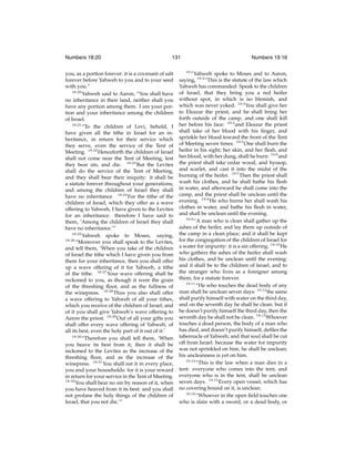 Numbers 18:20

131

you, as a portion forever: it is a covenant of salt
forever before Yahweh to you and to your seed
with you.”
18:20
Yahweh said to Aaron, “You shall have
no inheritance in their land, neither shall you
have any portion among them. I am your portion and your inheritance among the children
of Israel.
18:21
“To the children of Levi, behold, I
have given all the tithe in Israel for an inheritance, in return for their service which
they serve, even the service of the Tent of
Meeting. 18:22 Henceforth the children of Israel
shall not come near the Tent of Meeting, lest
they bear sin, and die. 18:23 But the Levites
shall do the service of the Tent of Meeting,
and they shall bear their iniquity: it shall be
a statute forever throughout your generations;
and among the children of Israel they shall
have no inheritance. 18:24 For the tithe of the
children of Israel, which they offer as a wave
offering to Yahweh, I have given to the Levites
for an inheritance: therefore I have said to
them, ‘Among the children of Israel they shall
have no inheritance.’”
18:25
Yahweh spoke to Moses, saying,
18:26
“Moreover you shall speak to the Levites,
and tell them, ‘When you take of the children
of Israel the tithe which I have given you from
them for your inheritance, then you shall offer
up a wave offering of it for Yahweh, a tithe
of the tithe. 18:27 Your wave offering shall be
reckoned to you, as though it were the grain
of the threshing ﬂoor, and as the fullness of
the winepress. 18:28 Thus you also shall offer
a wave offering to Yahweh of all your tithes,
which you receive of the children of Israel; and
of it you shall give Yahweh’s wave offering to
Aaron the priest. 18:29 Out of all your gifts you
shall offer every wave offering of Yahweh, of
all its best, even the holy part of it out of it.’
18:30
“Therefore you shall tell them, ‘When
you heave its best from it, then it shall be
reckoned to the Levites as the increase of the
threshing ﬂoor, and as the increase of the
winepress. 18:31 You shall eat it in every place,
you and your households: for it is your reward
in return for your service in the Tent of Meeting.
18:32
You shall bear no sin by reason of it, when
you have heaved from it its best: and you shall
not profane the holy things of the children of
Israel, that you not die.’”

Numbers 19:16
19:1

Yahweh spoke to Moses and to Aaron,
saying, 19:2 “This is the statute of the law which
Yahweh has commanded: Speak to the children
of Israel, that they bring you a red heifer
without spot, in which is no blemish, and
which was never yoked. 19:3 You shall give her
to Eleazar the priest, and he shall bring her
forth outside of the camp, and one shall kill
her before his face: 19:4 and Eleazar the priest
shall take of her blood with his ﬁnger, and
sprinkle her blood toward the front of the Tent
of Meeting seven times. 19:5 One shall burn the
heifer in his sight; her skin, and her ﬂesh, and
her blood, with her dung, shall he burn: 19:6 and
the priest shall take cedar wood, and hyssop,
and scarlet, and cast it into the midst of the
burning of the heifer. 19:7 Then the priest shall
wash his clothes, and he shall bathe his ﬂesh
in water, and afterward he shall come into the
camp, and the priest shall be unclean until the
evening. 19:8 He who burns her shall wash his
clothes in water, and bathe his ﬂesh in water,
and shall be unclean until the evening.
19:9
“A man who is clean shall gather up the
ashes of the heifer, and lay them up outside of
the camp in a clean place; and it shall be kept
for the congregation of the children of Israel for
a water for impurity: it is a sin offering. 19:10 He
who gathers the ashes of the heifer shall wash
his clothes, and be unclean until the evening:
and it shall be to the children of Israel, and to
the stranger who lives as a foreigner among
them, for a statute forever.
19:11
“He who touches the dead body of any
man shall be unclean seven days: 19:12 the same
shall purify himself with water on the third day,
and on the seventh day he shall be clean: but if
he doesn’t purify himself the third day, then the
seventh day he shall not be clean. 19:13 Whoever
touches a dead person, the body of a man who
has died, and doesn’t purify himself, deﬁles the
tabernacle of Yahweh; and that soul shall be cut
off from Israel: because the water for impurity
was not sprinkled on him, he shall be unclean;
his uncleanness is yet on him.
19:14
“This is the law when a man dies in a
tent: everyone who comes into the tent, and
everyone who is in the tent, shall be unclean
seven days. 19:15 Every open vessel, which has
no covering bound on it, is unclean.
19:16
“Whoever in the open ﬁeld touches one
who is slain with a sword, or a dead body, or

 