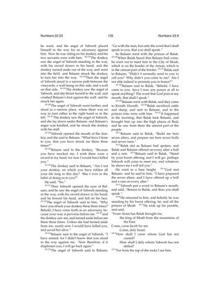 Numbers 22:23

135

he went; and the angel of Yahweh placed
himself in the way for an adversary against
him. Now he was riding on his donkey, and his
two servants were with him. 22:23 The donkey
saw the angel of Yahweh standing in the way,
with his sword drawn in his hand; and the
donkey turned aside out of the way, and went
into the ﬁeld: and Balaam struck the donkey,
to turn her into the way. 22:24 Then the angel
of Yahweh stood in a narrow path between the
vineyards, a wall being on this side, and a wall
on that side. 22:25 The donkey saw the angel of
Yahweh, and she thrust herself to the wall, and
crushed Balaam’s foot against the wall: and he
struck her again.
22:26
The angel of Yahweh went further, and
stood in a narrow place, where there was no
way to turn either to the right hand or to the
left. 22:27 The donkey saw the angel of Yahweh,
and she lay down under Balaam: and Balaam’s
anger was kindled, and he struck the donkey
with his staff.
22:28
Yahweh opened the mouth of the donkey, and she said to Balaam, “What have I done
to you, that you have struck me these three
times?”
22:29
Balaam said to the donkey, “Because
you have mocked me, I wish there were a
sword in my hand, for now I would have killed
you.”
22:30
The donkey said to Balaam, “Am I not
your donkey, on which you have ridden all
your life long to this day? Was I ever in the
habit of doing so to you?”
He said, “No.”
22:31
Then Yahweh opened the eyes of Balaam, and he saw the angel of Yahweh standing
in the way, with his sword drawn in his hand;
and he bowed his head, and fell on his face.
22:32
The angel of Yahweh said to him, “Why
have you struck your donkey these three times?
Behold, I have come forth as an adversary, because your way is perverse before me: 22:33 and
the donkey saw me, and turned aside before me
these three times. Unless she had turned aside
from me, surely now I would have killed you,
and saved her alive.”
22:34
Balaam said to the angel of Yahweh, “I
have sinned; for I didn’t know that you stood
in the way against me. Now therefore, if it
displeases you, I will go back again.”
22:35
The angel of Yahweh said to Balaam,

Numbers 23:9

“Go with the men; but only the word that I shall
speak to you, that you shall speak.”
So Balaam went with the princes of Balak.
22:36
When Balak heard that Balaam had come,
he went out to meet him to the City of Moab,
which is on the border of the Arnon, which is
in the utmost part of the border. 22:37 Balak said
to Balaam, “Didn’t I earnestly send to you to
call you? Why didn’t you come to me? Am I
not able indeed to promote you to honor?”
22:38
Balaam said to Balak, “Behold, I have
come to you: have I now any power at all to
speak anything? The word that God puts in my
mouth, that shall I speak.”
22:39
Balaam went with Balak, and they came
to Kiriath Huzoth. 22:40 Balak sacriﬁced cattle
and sheep, and sent to Balaam, and to the
princes who were with him. 22:41 It happened
in the morning, that Balak took Balaam, and
brought him up into the high places of Baal;
and he saw from there the utmost part of the
people.
23:1
Balaam said to Balak, “Build me here
seven altars, and prepare me here seven bulls
and seven rams.”
23:2
Balak did as Balaam had spoken; and
Balak and Balaam offered on every altar a bull
and a ram. 23:3 Balaam said to Balak, “Stand
by your burnt offering, and I will go: perhaps
Yahweh will come to meet me; and whatever
he shows me I will tell you.”
He went to a bare height. 23:4 God met
Balaam: and he said to him, “I have prepared
the seven altars, and I have offered up a bull
and a ram on every altar.”
23:5
Yahweh put a word in Balaam’s mouth,
and said, “Return to Balak, and thus you shall
speak.”
23:6
He returned to him, and behold, he was
standing by his burnt offering, he, and all the
princes of Moab. 23:7 He took up his parable,
and said,
“From Aram has Balak brought me,
the king of Moab from the mountains of
the East.
Come, curse Jacob for me.
Come, defy Israel.
23:8
How shall I curse whom God has not
cursed?
How shall I defy whom Yahweh has not
deﬁed?
23:9
For from the top of the rocks I see him.

 