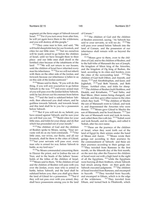 Numbers 32:15

145

augment yet the ﬁerce anger of Yahweh toward
Israel. 32:15 For if you turn away from after him,
he will yet again leave them in the wilderness;
and you will destroy all this people.”
32:16
They came near to him, and said, “We
will build sheepfolds here for our livestock, and
cities for our little ones: 32:17 but we ourselves
will be ready armed to go before the children
of Israel, until we have brought them to their
place: and our little ones shall dwell in the
fortiﬁed cities because of the inhabitants of the
land. 32:18 We will not return to our houses,
until the children of Israel have inherited every
man his inheritance. 32:19 For we will not inherit
with them on the other side of the Jordan, and
forward; because our inheritance is fallen to us
on this side of the Jordan eastward.”
32:20
Moses said to them, “If you will do this
thing, if you will arm yourselves to go before
Yahweh to the war, 32:21 and every armed man
of you will pass over the Jordan before Yahweh,
until he has driven out his enemies from before
him, 32:22 and the land is subdued before Yahweh; then afterward you shall return, and be
guiltless towards Yahweh, and towards Israel;
and this land shall be to you for a possession
before Yahweh.
32:23
“But if you will not do so, behold, you
have sinned against Yahweh; and be sure your
sin will ﬁnd you out. 32:24 Build cities for your
little ones, and folds for your sheep; and do that
which has proceeded out of your mouth.”
32:25
The children of Gad and the children
of Reuben spoke to Moses, saying, “Your servants will do as my lord commands. 32:26 Our
little ones, our wives, our ﬂocks, and all our
livestock, shall be there in the cities of Gilead;
32:27
but your servants will pass over, every
man who is armed for war, before Yahweh to
battle, as my lord says.”
32:28
So Moses commanded concerning them
to Eleazar the priest, and to Joshua the son of
Nun, and to the heads of the fathers’ households of the tribes of the children of Israel.
32:29
Moses said to them, “If the children of Gad
and the children of Reuben will pass with you
over the Jordan, every man who is armed to
battle, before Yahweh, and the land shall be
subdued before you; then you shall give them
the land of Gilead for a possession: 32:30 but if
they will not pass over with you armed, they
shall have possessions among you in the land

Numbers 33:7

of Canaan.”
32:31
The children of Gad and the children
of Reuben answered, saying, “As Yahweh has
said to your servants, so will we do. 32:32 We
will pass over armed before Yahweh into the
land of Canaan, and the possession of our
inheritance shall remain with us beyond the
Jordan.”
32:33
Moses gave to them, even to the children of Gad, and to the children of Reuben, and
to the half-tribe of Manasseh the son of Joseph,
the kingdom of Sihon king of the Amorites,
and the kingdom of Og king of Bashan, the
land, according to its cities and borders, even
the cities of the surrounding land. 32:34 The
children of Gad built Dibon, and Ataroth, and
Aroer, 32:35 and Atrothshophan, and Jazer, and
Jogbehah, 32:36 and Beth Nimrah, and Beth
Haran: fortiﬁed cities, and folds for sheep.
32:37
The children of Reuben built Heshbon, and
Elealeh, and Kiriathaim, 32:38 and Nebo, and
Baal Meon, (their names being changed), and
Sibmah: and they gave other names to the cities
which they built. 32:39 The children of Machir
the son of Manasseh went to Gilead, and took
it, and dispossessed the Amorites who were
therein. 32:40 Moses gave Gilead to Machir the
son of Manasseh; and he lived therein. 32:41 Jair
the son of Manasseh went and took its towns,
and called them Havvoth Jair. 32:42 Nobah went
and took Kenath, and its villages, and called it
Nobah, after his own name.
33:1
These are the journeys of the children
of Israel, when they went forth out of the
land of Egypt by their armies under the hand
of Moses and Aaron. 33:2 Moses wrote their
goings out according to their journeys by
the commandment of Yahweh: and these are
their journeys according to their goings out.
33:3
They traveled from Rameses in the ﬁrst
month, on the ﬁfteenth day of the ﬁrst month;
on the next day after the Passover the children
of Israel went out with a high hand in the sight
of all the Egyptians, 33:4 while the Egyptians
were burying all their ﬁrstborn, whom Yahweh
had struck among them: on their gods also
Yahweh executed judgments. 33:5 The children
of Israel traveled from Rameses, and encamped
in Succoth. 33:6 They traveled from Succoth,
and encamped in Etham, which is in the edge
of the wilderness. 33:7 They traveled from
Etham, and turned back to Pihahiroth, which

 