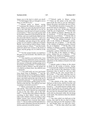 Numbers 33:56

147

harass you in the land in which you dwell.
33:56
It shall happen that as I thought to do to
them, so will I do to you.”
34:1
Yahweh spoke to Moses, saying,
34:2
“Command the children of Israel, and tell
them, ‘When you come into the land of Canaan
(this is the land that shall fall to you for an
inheritance, even the land of Canaan according
to its borders), 34:3 then your south quarter shall
be from the wilderness of Zin along by the side
of Edom, and your south border shall be from
the end of the Salt Sea eastward; 34:4 and your
border shall turn about southward of the ascent
of Akrabbim, and pass along to Zin; and the
goings out of it shall be southward of Kadesh
Barnea; and it shall go forth to Hazar Addar,
and pass along to Azmon; 34:5 and the border
shall turn about from Azmon to the brook of
Egypt, and the goings out of it shall be at the
sea.
34:6
“‘For the western border, you shall have
the great sea and its border: this shall be your
west border.
34:7
“‘This shall be your north border: from
the great sea you shall mark out for you Mount
Hor; 34:8 from Mount Hor you shall mark out to
the entrance of Hamath; and the goings out of
the border shall be at Zedad; 34:9 and the border
shall go forth to Ziphron, and the goings out
of it shall be at Hazar Enan: this shall be your
north border.
34:10
“‘You shall mark out your east border
from Hazar Enan to Shepham; 34:11 and the
border shall go down from Shepham to Riblah,
on the east side of Ain; and the border shall go
down, and shall reach to the side of the sea of
Chinnereth eastward; 34:12 and the border shall
go down to the Jordan, and the goings out of it
shall be at the Salt Sea. This shall be your land
according to its borders around it.’”
34:13
Moses commanded the children of Israel, saying, “This is the land which you shall
inherit by lot, which Yahweh has commanded
to give to the nine tribes, and to the halftribe; 34:14 for the tribe of the children of Reuben
according to their fathers’ houses, and the
tribe of the children of Gad according to their
fathers’ houses, have received, and the halftribe of Manasseh have received, their inheritance: 34:15 the two tribes and the half-tribe have
received their inheritance beyond the Jordan at
Jericho eastward, toward the sunrise.”

Numbers 35:7
34:16

Yahweh spoke to Moses, saying,
“These are the names of the men who
shall divide the land to you for inheritance:
Eleazar the priest, and Joshua the son of Nun.
34:18
You shall take one prince of every tribe, to
divide the land for inheritance. 34:19 These are
the names of the men: Of the tribe of Judah,
Caleb the son of Jephunneh. 34:20 Of the tribe
of the children of Simeon, Shemuel the son
of Ammihud. 34:21 Of the tribe of Benjamin,
Elidad the son of Chislon. 34:22 Of the tribe of
the children of Dan a prince, Bukki the son of
Jogli. 34:23 Of the children of Joseph: of the
tribe of the children of Manasseh a prince,
Hanniel the son of Ephod. 34:24 Of the tribe
of the children of Ephraim a prince, Kemuel
the son of Shiphtan. 34:25 Of the tribe of the
children of Zebulun a prince, Elizaphan the
son of Parnach. 34:26 Of the tribe of the children
of Issachar a prince, Paltiel the son of Azzan.
34:27
Of the tribe of the children of Asher a
prince, Ahihud the son of Shelomi. 34:28 Of
the tribe of the children of Naphtali a prince,
Pedahel the son of Ammihud.” 34:29 These are
they whom Yahweh commanded to divide the
inheritance to the children of Israel in the land
of Canaan.
35:1
Yahweh spoke to Moses in the plains
of Moab by the Jordan at Jericho, saying,
35:2
“Command the children of Israel that they
give to the Levites of the inheritance of their
possession cities to dwell in; and you shall
give suburbs for the cities around them to
the Levites. 35:3 The cities shall they have to
dwell in; and their suburbs shall be for their
livestock, and for their substance, and for all
their animals.
35:4
“The suburbs of the cities, which you
shall give to the Levites, shall be from the wall
of the city and outward one thousand cubits
around it. 35:5 You shall measure outside of the
city for the east side two thousand cubits, and
for the south side two thousand cubits, and for
the west side two thousand cubits, and for the
north side two thousand cubits, the city being
in the midst. This shall be to them the suburbs
of the cities.
35:6
“The cities which you shall give to the
Levites, they shall be the six cities of refuge,
which you shall give for the manslayer to ﬂee
to: and besides them you shall give fortytwo cities. 35:7 All the cities which you shall
34:17

 