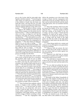 Numbers 35:8

148

give to the Levites shall be forty-eight cities
together with their suburbs. 35:8 Concerning the
cities which you shall give of the possession
of the children of Israel, from the many you
shall take many; and from the few you shall
take few: everyone according to his inheritance
which he inherits shall give of his cities to the
Levites.” 35:9 Yahweh spoke to Moses, saying,
35:10
“Speak to the children of Israel, and tell
them, ‘When you pass over the Jordan into the
land of Canaan, 35:11 then you shall appoint you
cities to be cities of refuge for you, that the
manslayer who kills any person unwittingly
may ﬂee there. 35:12 The cities shall be to you for
refuge from the avenger, that the manslayer not
die, until he stands before the congregation for
judgment. 35:13 The cities which you shall give
shall be for you six cities of refuge. 35:14 You
shall give three cities beyond the Jordan, and
you shall give three cities in the land of Canaan;
they shall be cities of refuge. 35:15 For the
children of Israel, and for the stranger and for
the foreigner living among them, shall these six
cities be for refuge; that everyone who kills any
person unwittingly may ﬂee there.
35:16

“‘But if he struck him with an instrument of iron, so that he died, he is a murderer:
the murderer shall surely be put to death.
35:17
If he struck him with a stone in the hand,
by which a man may die, and he died, he is a
murderer: the murderer shall surely be put to
death. 35:18 Or if he struck him with a weapon
of wood in the hand, by which a man may die,
and he died, he is a murderer: the murderer
shall surely be put to death. 35:19 The avenger of
blood shall himself put the murderer to death:
when he meets him, he shall put him to death.
35:20
If he thrust him of hatred, or hurled at him,
lying in wait, so that he died, 35:21 or in enmity
struck him with his hand, so that he died; he
who struck him shall surely be put to death; he
is a murderer: the avenger of blood shall put
the murderer to death, when he meets him.
35:22
“‘But if he thrust him suddenly without
enmity, or hurled on him anything without
lying in wait, 35:23 or with any stone, by which
a man may die, not seeing him, and cast it
on him, so that he died, and he was not his
enemy, neither sought his harm; 35:24 then the
congregation shall judge between the striker
and the avenger of blood according to these
ordinances; 35:25 and the congregation shall

Numbers 36:3

deliver the manslayer out of the hand of the
avenger of blood, and the congregation shall
restore him to his city of refuge, where he was
ﬂed: and he shall dwell therein until the death
of the high priest, who was anointed with the
holy oil.
35:26
“‘But if the manslayer shall at any time
go beyond the border of his city of refuge,
where he ﬂees, 35:27 and the avenger of blood
ﬁnd him outside of the border of his city
of refuge, and the avenger of blood kill the
manslayer; he shall not be guilty of blood,
35:28
because he should have remained in his
city of refuge until the death of the high
priest: but after the death of the high priest
the manslayer shall return into the land of his
possession.
35:29
“‘These things shall be for a statute and
ordinance to you throughout your generations
in all your dwellings.
35:30
“‘Whoever kills any person, the murderer shall be slain at the mouth of witnesses:
but one witness shall not testify against any
person that he die.
35:31
“‘Moreover you shall take no ransom
for the life of a murderer who is guilty of death;
but he shall surely be put to death.
35:32
“‘You shall take no ransom for him who
is ﬂed to his city of refuge, that he may come
again to dwell in the land, until the death of the
priest.
35:33
“‘So you shall not pollute the land in
which you are: for blood, it pollutes the land;
and no expiation can be made for the land for
the blood that is shed therein, but by the blood
of him who shed it. 35:34 You shall not deﬁle the
land which you inhabit, in the midst of which I
dwell: for I, Yahweh, dwell in the midst of the
children of Israel.’”
36:1
The heads of the fathers’ households of
the family of the children of Gilead, the son of
Machir, the son of Manasseh, of the families
of the sons of Joseph, came near, and spoke
before Moses, and before the princes, the heads
of the fathers’ households of the children of
Israel: 36:2 and they said, “Yahweh commanded
my lord to give the land for inheritance by
lot to the children of Israel: and my lord was
commanded by Yahweh to give the inheritance
of Zelophehad our brother to his daughters.
36:3
If they are married to any of the sons of
the other tribes of the children of Israel, then

 