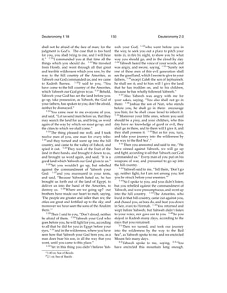 Deuteronomy 1:18

150

shall not be afraid of the face of man; for the
judgment is God’s. The case that is too hard
for you, you shall bring to me, and I will hear
it.” 1:18 I commanded you at that time all the
things which you should do. 1:19 We traveled
from Horeb, and went through all that great
and terrible wilderness which you saw, by the
way to the hill country of the Amorites, as
Yahweh our God commanded us; and we came
to Kadesh Barnea. 1:20 I said to you, “You
have come to the hill country of the Amorites,
which Yahweh our God gives to us. 1:21 Behold,
Yahweh your God has set the land before you:
go up, take possession, as Yahweh, the God of
your fathers, has spoken to you; don’t be afraid,
neither be dismayed.”
1:22
You came near to me everyone of you,
and said, “Let us send men before us, that they
may search the land for us, and bring us word
again of the way by which we must go up, and
the cities to which we shall come.”
1:23
The thing pleased me well; and I took
twelve men of you, one man for every tribe:
1:24
and they turned and went up into the hill
country, and came to the valley of Eshcol, and
spied it out. 1:25 They took of the fruit of the
land in their hands, and brought it down to us,
and brought us word again, and said, “It is a
good land which Yahweh our God gives to us.”
1:26
Yet you wouldn’t go up, but rebelled
against the commandment of Yahweh your
God: 1:27 and you murmured in your tents,
and said, “Because Yahweh hated us, he has
brought us forth out of the land of Egypt, to
deliver us into the hand of the Amorites, to
destroy us. 1:28 Where are we going up? our
brothers have made our heart to melt, saying,
‘The people are greater and taller than we; the
cities are great and fortiﬁed up to the sky; and
moreover we have seen the sons of the Anakim
there.’”
1:29
Then I said to you, “Don’t dread, neither
be afraid of them. 1:30 Yahweh your God who
goes before you, he will ﬁght for you, according
to all that he did for you in Egypt before your
eyes, 1:31 and in the wilderness, where you have
seen how that Yahweh your God bore you, as a
man does bear his son, in all the way that you
went, until you came to this place.”
1:32
Yet in this thing you didn’t believe Yahc 1:40
d 2:1

or, Sea of Reeds
or, Sea of Reeds

Deuteronomy 2:3

weh your God, 1:33 who went before you in
the way, to seek you out a place to pitch your
tents in, in ﬁre by night, to show you by what
way you should go, and in the cloud by day.
1:34
Yahweh heard the voice of your words, and
was angry, and swore, saying, 1:35 “Surely not
one of these men of this evil generation shall
see the good land, which I swore to give to your
fathers, 1:36 except Caleb the son of Jephunneh:
he shall see it; and to him will I give the land
that he has trodden on, and to his children,
because he has wholly followed Yahweh.”
1:37
Also Yahweh was angry with me for
your sakes, saying, “You also shall not go in
there: 1:38 Joshua the son of Nun, who stands
before you, he shall go in there: encourage
you him; for he shall cause Israel to inherit it.
1:39
Moreover your little ones, whom you said
should be a prey, and your children, who this
day have no knowledge of good or evil, they
shall go in there, and to them will I give it, and
they shall possess it. 1:40 But as for you, turn,
and take your journey into the wilderness by
the way to the Red Seac .”
1:41
Then you answered and said to me, “We
have sinned against Yahweh, we will go up
and ﬁght, according to all that Yahweh our God
commanded us.” Every man of you put on his
weapons of war, and presumed to go up into
the hill country.
1:42
Yahweh said to me, “Tell them, ‘Don’t go
up, neither ﬁght; for I am not among you; lest
you be struck before your enemies.’”
1:43
So I spoke to you, and you didn’t listen;
but you rebelled against the commandment of
Yahweh, and were presumptuous, and went up
into the hill country. 1:44 The Amorites, who
lived in that hill country, came out against you,
and chased you, as bees do, and beat you down
in Seir, even to Hormah. 1:45 You returned and
wept before Yahweh; but Yahweh didn’t listen
to your voice, nor gave ear to you. 1:46 So you
stayed in Kadesh many days, according to the
days that you remained.
2:1
Then we turned, and took our journey
into the wilderness by the way to the Red
Sead , as Yahweh spoke to me; and we encircled
Mount Seir many days.
2:2
Yahweh spoke to me, saying, 2:3 “You
have encircled this mountain long enough.

 