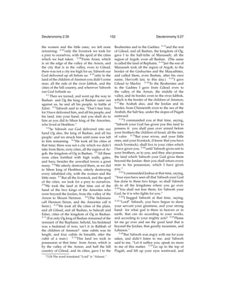 Deuteronomy 2:35

152

the women and the little ones; we left none
remaining: 2:35 only the livestock we took for
a prey to ourselves, with the spoil of the cities
which we had taken. 2:36 From Aroer, which
is on the edge of the valley of the Arnon, and
the city that is in the valley, even to Gilead,
there was not a city too high for us; Yahweh our
God delivered up all before us: 2:37 only to the
land of the children of Ammon you didn’t come
near; all the side of the river Jabbok, and the
cities of the hill country, and wherever Yahweh
our God forbade us.
3:1
Then we turned, and went up the way to
Bashan: and Og the king of Bashan came out
against us, he and all his people, to battle at
Edrei. 3:2 Yahweh said to me, “Don’t fear him;
for I have delivered him, and all his people, and
his land, into your hand; and you shall do to
him as you did to Sihon king of the Amorites,
who lived at Heshbon.”
3:3
So Yahweh our God delivered into our
hand Og also, the king of Bashan, and all his
people: and we struck him until none was left
to him remaining. 3:4 We took all his cities at
that time; there was not a city which we didn’t
take from them; sixty cities, all the region of Argob, the kingdom of Og in Bashan. 3:5 All these
were cities fortiﬁed with high walls, gates,
and bars; besides the unwalled towns a great
many. 3:6 We utterly destroyed them, as we did
to Sihon king of Heshbon, utterly destroying
every inhabited city, with the women and the
little ones. 3:7 But all the livestock, and the spoil
of the cities, we took for a prey to ourselves.
3:8
We took the land at that time out of the
hand of the two kings of the Amorites who
were beyond the Jordan, from the valley of the
Arnon to Mount Hermon. 3:9 (The Sidonians
call Hermon Sirion, and the Amorites call it
Senir.) 3:10 We took all the cities of the plain,
and all Gilead, and all Bashan, to Salecah and
Edrei, cities of the kingdom of Og in Bashan.
3:11
(For only Og king of Bashan remained of the
remnant of the Rephaim; behold, his bedstead
was a bedstead of iron; isn’t it in Rabbah of
the children of Ammon? nine cubits was its
length, and four cubits its breadth, after the
cubit of a man.) 3:12 This land we took in
possession at that time: from Aroer, which is
by the valley of the Arnon, and half the hill
country of Gilead, and its cities, gave I to the
e 3:24

The word translated “Lord” is “Adonai.”

Deuteronomy 3:27

Reubenites and to the Gadites: 3:13 and the rest
of Gilead, and all Bashan, the kingdom of Og,
gave I to the half-tribe of Manasseh; all the
region of Argob, even all Bashan. (The same
is called the land of Rephaim. 3:14 Jair the son of
Manasseh took all the region of Argob, to the
border of the Geshurites and the Maacathites,
and called them, even Bashan, after his own
name, Havvoth Jair, to this day.) 3:15 I gave
Gilead to Machir. 3:16 To the Reubenites and
to the Gadites I gave from Gilead even to
the valley of the Arnon, the middle of the
valley, and its border, even to the river Jabbok,
which is the border of the children of Ammon;
3:17
the Arabah also, and the Jordan and its
border, from Chinnereth even to the sea of the
Arabah, the Salt Sea, under the slopes of Pisgah
eastward.
3:18
I commanded you at that time, saying,
“Yahweh your God has given you this land to
possess it: you shall pass over armed before
your brothers the children of Israel, all the men
of valor. 3:19 But your wives, and your little
ones, and your livestock, (I know that you have
much livestock), shall live in your cities which
I have given you, 3:20 until Yahweh gives rest to
your brothers, as to you, and they also possess
the land which Yahweh your God gives them
beyond the Jordan: then you shall return every
man to his possession, which I have given
you.”
3:21
I commanded Joshua at that time, saying,
“Your eyes have seen all that Yahweh your God
has done to these two kings: so shall Yahweh
do to all the kingdoms where you go over.
3:22
You shall not fear them; for Yahweh your
God, he it is who ﬁghts for you.”
3:23
I begged Yahweh at that time, saying,
3:24
“Lorde Yahweh, you have begun to show
your servant your greatness, and your strong
hand: for what god is there in heaven or in
earth, that can do according to your works,
and according to your mighty acts? 3:25 Please
let me go over and see the good land that is
beyond the Jordan, that goodly mountain, and
Lebanon.”
3:26
But Yahweh was angry with me for your
sakes, and didn’t listen to me; and Yahweh
said to me, “Let it sufﬁce you; speak no more
to me of this matter. 3:27 Go up to the top of
Pisgah, and lift up your eyes westward, and

 