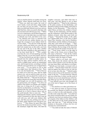 Deuteronomy 4:28

154

and you shall be left few in number among the
nations, where Yahweh shall lead you away.
4:28
There you shall serve gods, the work of
men’s hands, wood and stone, which neither
see, nor hear, nor eat, nor smell. 4:29 But from
there you shall seek Yahweh your God, and you
shall ﬁnd him, when you search after him with
all your heart and with all your soul. 4:30 When
you are in oppression, and all these things have
come on you, in the latter days you shall return
to Yahweh your God, and listen to his voice:
4:31
for Yahweh your God is a merciful God;
he will not fail you, neither destroy you, nor
forget the covenant of your fathers which he
swore to them. 4:32 For ask now of the days that
are past, which were before you, since the day
that God created man on the earth, and from
the one end of the sky to the other, whether
there has been anything as this great thing is,
or has been heard like it? 4:33 Did a people
ever hear the voice of God speaking out of the
midst of the ﬁre, as you have heard, and live?
4:34
Or has God tried to go and take a nation for
himself from the midst of another nation, by
trials, by signs, and by wonders, and by war,
and by a mighty hand, and by an outstretched
arm, and by great terrors, according to all that
Yahweh your God did for you in Egypt before
your eyes? 4:35 It was shown to you so that
you might know that Yahweh is God. There
is no one else besides him. 4:36 Out of heaven
he made you to hear his voice, that he might
instruct you: and on earth he made you to see
his great ﬁre; and you heard his words out of
the midst of the ﬁre. 4:37 Because he loved your
fathers, therefore he chose their seed after them,
and brought you out with his presence, with
his great power, out of Egypt; 4:38 to drive out
nations from before you greater and mightier
than you, to bring you in, to give you their
land for an inheritance, as at this day. 4:39 Know
therefore this day, and lay it to your heart, that
Yahweh he is God in heaven above and on
the earth beneath; there is none else. 4:40 You
shall keep his statutes, and his commandments,
which I command you this day, that it may go
well with you, and with your children after
you, and that you may prolong your days in
the land, which Yahweh your God gives you,
forever. 4:41 Then Moses set apart three cities
beyond the Jordan toward the sunrise; 4:42 that
the manslayer might ﬂee there, who kills his

Deuteronomy 5:11

neighbor unawares, and didn’t hate him in
time past; and that ﬂeeing to one of these
cities he might live: 4:43 Bezer in the wilderness,
in the plain country, for the Reubenites; and
Ramoth in Gilead, for the Gadites; and Golan in
Bashan, for the Manassites. 4:44 This is the law
which Moses set before the children of Israel:
4:45
these are the testimonies, and the statutes,
and the ordinances, which Moses spoke to the
children of Israel, when they came forth out
of Egypt, 4:46 beyond the Jordan, in the valley
over against Beth Peor, in the land of Sihon
king of the Amorites, who lived at Heshbon,
whom Moses and the children of Israel struck,
when they came forth out of Egypt. 4:47 They
took his land in possession, and the land of Og
king of Bashan, the two kings of the Amorites,
who were beyond the Jordan toward the sunrise; 4:48 from Aroer, which is on the edge of
the valley of the Arnon, even to Mount Sion
(the same is Hermon), 4:49 and all the Arabah
beyond the Jordan eastward, even to the sea of
the Arabah, under the slopes of Pisgah.
5:1
Moses called to all Israel, and said to
them, Hear, Israel, the statutes and the ordinances which I speak in your ears this day, that
you may learn them, and observe to do them.
5:2
Yahweh our God made a covenant with us
in Horeb. 5:3 Yahweh didn’t make this covenant
with our fathers, but with us, even us, who are
all of us here alive this day. 5:4 Yahweh spoke
with you face to face on the mountain out of the
midst of the ﬁre, 5:5 (I stood between Yahweh
and you at that time, to show you the word of
Yahweh: for you were afraid because of the ﬁre,
and didn’t go up onto the mountain;) saying,
5:6
“I am Yahweh your God, who brought you
out of the land of Egypt, out of the house of
bondage.
5:7
“You shall have no other gods before me.
5:8
“You shall not make an engraved image
for yourself, any likeness of what is in heaven
above, or what is in the earth beneath, or that
is in the water under the earth: 5:9 you shall not
bow down yourself to them, nor serve them; for
I, Yahweh, your God, am a jealous God, visiting
the iniquity of the fathers on the children, and
on the third and on the fourth generation of
those who hate me; 5:10 and showing loving
kindness to thousands of those who love me
and keep my commandments.
5:11
“You shall not take the name of Yahweh

 