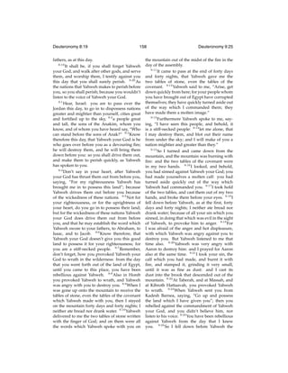 Deuteronomy 8:19

158

fathers, as at this day.
8:19
It shall be, if you shall forget Yahweh
your God, and walk after other gods, and serve
them, and worship them, I testify against you
this day that you shall surely perish. 8:20 As
the nations that Yahweh makes to perish before
you, so you shall perish; because you wouldn’t
listen to the voice of Yahweh your God.
9:1
Hear, Israel: you are to pass over the
Jordan this day, to go in to dispossess nations
greater and mightier than yourself, cities great
and fortiﬁed up to the sky, 9:2 a people great
and tall, the sons of the Anakim, whom you
know, and of whom you have heard say, “Who
can stand before the sons of Anak?” 9:3 Know
therefore this day, that Yahweh your God is he
who goes over before you as a devouring ﬁre;
he will destroy them, and he will bring them
down before you: so you shall drive them out,
and make them to perish quickly, as Yahweh
has spoken to you.
9:4
Don’t say in your heart, after Yahweh
your God has thrust them out from before you,
saying, “For my righteousness Yahweh has
brought me in to possess this land”; because
Yahweh drives them out before you because
of the wickedness of these nations. 9:5 Not for
your righteousness, or for the uprightness of
your heart, do you go in to possess their land;
but for the wickedness of these nations Yahweh
your God does drive them out from before
you, and that he may establish the word which
Yahweh swore to your fathers, to Abraham, to
Isaac, and to Jacob. 9:6 Know therefore, that
Yahweh your God doesn’t give you this good
land to possess it for your righteousness; for
you are a stiff-necked people. 9:7 Remember,
don’t forget, how you provoked Yahweh your
God to wrath in the wilderness: from the day
that you went forth out of the land of Egypt,
until you came to this place, you have been
rebellious against Yahweh. 9:8 Also in Horeb
you provoked Yahweh to wrath, and Yahweh
was angry with you to destroy you. 9:9 When I
was gone up onto the mountain to receive the
tables of stone, even the tables of the covenant
which Yahweh made with you, then I stayed
on the mountain forty days and forty nights; I
neither ate bread nor drank water. 9:10 Yahweh
delivered to me the two tables of stone written
with the ﬁnger of God; and on them were all
the words which Yahweh spoke with you on

Deuteronomy 9:25

the mountain out of the midst of the ﬁre in the
day of the assembly.
9:11
It came to pass at the end of forty days
and forty nights, that Yahweh gave me the
two tables of stone, even the tables of the
covenant. 9:12 Yahweh said to me, “Arise, get
down quickly from here; for your people whom
you have brought out of Egypt have corrupted
themselves; they have quickly turned aside out
of the way which I commanded them; they
have made them a molten image.”
9:13
Furthermore Yahweh spoke to me, saying, “I have seen this people, and behold, it
is a stiff-necked people: 9:14 let me alone, that
I may destroy them, and blot out their name
from under the sky; and I will make of you a
nation mightier and greater than they.”
9:15
So I turned and came down from the
mountain, and the mountain was burning with
ﬁre: and the two tables of the covenant were
in my two hands. 9:16 I looked, and behold,
you had sinned against Yahweh your God; you
had made yourselves a molten calf: you had
turned aside quickly out of the way which
Yahweh had commanded you. 9:17 I took hold
of the two tables, and cast them out of my two
hands, and broke them before your eyes. 9:18 I
fell down before Yahweh, as at the ﬁrst, forty
days and forty nights; I neither ate bread nor
drank water; because of all your sin which you
sinned, in doing that which was evil in the sight
of Yahweh, to provoke him to anger. 9:19 For
I was afraid of the anger and hot displeasure,
with which Yahweh was angry against you to
destroy you. But Yahweh listened to me that
time also. 9:20 Yahweh was very angry with
Aaron to destroy him: and I prayed for Aaron
also at the same time. 9:21 I took your sin, the
calf which you had made, and burnt it with
ﬁre, and stamped it, grinding it very small,
until it was as ﬁne as dust: and I cast its
dust into the brook that descended out of the
mountain. 9:22 At Taberah, and at Massah, and
at Kibroth Hattaavah, you provoked Yahweh
to wrath. 9:23 When Yahweh sent you from
Kadesh Barnea, saying, “Go up and possess
the land which I have given you”; then you
rebelled against the commandment of Yahweh
your God, and you didn’t believe him, nor
listen to his voice. 9:24 You have been rebellious
against Yahweh from the day that I knew
you. 9:25 So I fell down before Yahweh the

 