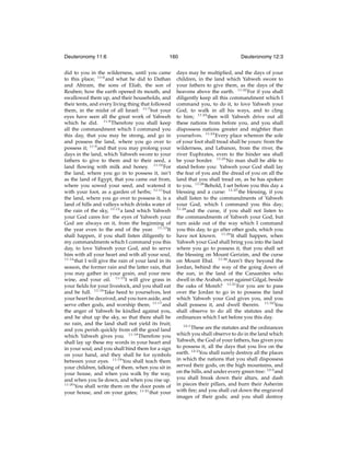 Deuteronomy 11:6

160

did to you in the wilderness, until you came
to this place; 11:6 and what he did to Dathan
and Abiram, the sons of Eliab, the son of
Reuben; how the earth opened its mouth, and
swallowed them up, and their households, and
their tents, and every living thing that followed
them, in the midst of all Israel: 11:7 but your
eyes have seen all the great work of Yahweh
which he did. 11:8 Therefore you shall keep
all the commandment which I command you
this day, that you may be strong, and go in
and possess the land, where you go over to
possess it; 11:9 and that you may prolong your
days in the land, which Yahweh swore to your
fathers to give to them and to their seed, a
land ﬂowing with milk and honey. 11:10 For
the land, where you go in to possess it, isn’t
as the land of Egypt, that you came out from,
where you sowed your seed, and watered it
with your foot, as a garden of herbs; 11:11 but
the land, where you go over to possess it, is a
land of hills and valleys which drinks water of
the rain of the sky, 11:12 a land which Yahweh
your God cares for: the eyes of Yahweh your
God are always on it, from the beginning of
the year even to the end of the year. 11:13 It
shall happen, if you shall listen diligently to
my commandments which I command you this
day, to love Yahweh your God, and to serve
him with all your heart and with all your soul,
11:14
that I will give the rain of your land in its
season, the former rain and the latter rain, that
you may gather in your grain, and your new
wine, and your oil. 11:15 I will give grass in
your ﬁelds for your livestock, and you shall eat
and be full. 11:16 Take heed to yourselves, lest
your heart be deceived, and you turn aside, and
serve other gods, and worship them; 11:17 and
the anger of Yahweh be kindled against you,
and he shut up the sky, so that there shall be
no rain, and the land shall not yield its fruit;
and you perish quickly from off the good land
which Yahweh gives you. 11:18 Therefore you
shall lay up these my words in your heart and
in your soul; and you shall bind them for a sign
on your hand, and they shall be for symbols
between your eyes. 11:19 You shall teach them
your children, talking of them, when you sit in
your house, and when you walk by the way,
and when you lie down, and when you rise up.
11:20
You shall write them on the door posts of
your house, and on your gates; 11:21 that your

Deuteronomy 12:3

days may be multiplied, and the days of your
children, in the land which Yahweh swore to
your fathers to give them, as the days of the
heavens above the earth. 11:22 For if you shall
diligently keep all this commandment which I
command you, to do it, to love Yahweh your
God, to walk in all his ways, and to cling
to him; 11:23 then will Yahweh drive out all
these nations from before you, and you shall
dispossess nations greater and mightier than
yourselves. 11:24 Every place whereon the sole
of your foot shall tread shall be yours: from the
wilderness, and Lebanon, from the river, the
river Euphrates, even to the hinder sea shall
be your border. 11:25 No man shall be able to
stand before you: Yahweh your God shall lay
the fear of you and the dread of you on all the
land that you shall tread on, as he has spoken
to you. 11:26 Behold, I set before you this day a
blessing and a curse: 11:27 the blessing, if you
shall listen to the commandments of Yahweh
your God, which I command you this day;
11:28
and the curse, if you shall not listen to
the commandments of Yahweh your God, but
turn aside out of the way which I command
you this day, to go after other gods, which you
have not known. 11:29 It shall happen, when
Yahweh your God shall bring you into the land
where you go to possess it, that you shall set
the blessing on Mount Gerizim, and the curse
on Mount Ebal. 11:30 Aren’t they beyond the
Jordan, behind the way of the going down of
the sun, in the land of the Canaanites who
dwell in the Arabah, over against Gilgal, beside
the oaks of Moreh? 11:31 For you are to pass
over the Jordan to go in to possess the land
which Yahweh your God gives you, and you
shall possess it, and dwell therein. 11:32 You
shall observe to do all the statutes and the
ordinances which I set before you this day.
12:1

These are the statutes and the ordinances
which you shall observe to do in the land which
Yahweh, the God of your fathers, has given you
to possess it, all the days that you live on the
earth. 12:2 You shall surely destroy all the places
in which the nations that you shall dispossess
served their gods, on the high mountains, and
on the hills, and under every green tree: 12:3 and
you shall break down their altars, and dash
in pieces their pillars, and burn their Asherim
with ﬁre; and you shall cut down the engraved
images of their gods; and you shall destroy

 
