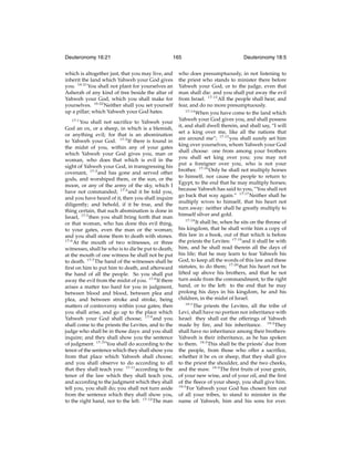 Deuteronomy 16:21

165

which is altogether just, that you may live, and
inherit the land which Yahweh your God gives
you. 16:21 You shall not plant for yourselves an
Asherah of any kind of tree beside the altar of
Yahweh your God, which you shall make for
yourselves. 16:22 Neither shall you set yourself
up a pillar; which Yahweh your God hates.
17:1

You shall not sacriﬁce to Yahweh your
God an ox, or a sheep, in which is a blemish,
or anything evil; for that is an abomination
to Yahweh your God. 17:2 If there is found in
the midst of you, within any of your gates
which Yahweh your God gives you, man or
woman, who does that which is evil in the
sight of Yahweh your God, in transgressing his
covenant, 17:3 and has gone and served other
gods, and worshiped them, or the sun, or the
moon, or any of the army of the sky, which I
have not commanded; 17:4 and it be told you,
and you have heard of it, then you shall inquire
diligently; and behold, if it be true, and the
thing certain, that such abomination is done in
Israel, 17:5 then you shall bring forth that man
or that woman, who has done this evil thing,
to your gates, even the man or the woman;
and you shall stone them to death with stones.
17:6
At the mouth of two witnesses, or three
witnesses, shall he who is to die be put to death;
at the mouth of one witness he shall not be put
to death. 17:7 The hand of the witnesses shall be
ﬁrst on him to put him to death, and afterward
the hand of all the people. So you shall put
away the evil from the midst of you. 17:8 If there
arises a matter too hard for you in judgment,
between blood and blood, between plea and
plea, and between stroke and stroke, being
matters of controversy within your gates; then
you shall arise, and go up to the place which
Yahweh your God shall choose; 17:9 and you
shall come to the priests the Levites, and to the
judge who shall be in those days: and you shall
inquire; and they shall show you the sentence
of judgment. 17:10 You shall do according to the
tenor of the sentence which they shall show you
from that place which Yahweh shall choose;
and you shall observe to do according to all
that they shall teach you: 17:11 according to the
tenor of the law which they shall teach you,
and according to the judgment which they shall
tell you, you shall do; you shall not turn aside
from the sentence which they shall show you,
to the right hand, nor to the left. 17:12 The man

Deuteronomy 18:5

who does presumptuously, in not listening to
the priest who stands to minister there before
Yahweh your God, or to the judge, even that
man shall die: and you shall put away the evil
from Israel. 17:13 All the people shall hear, and
fear, and do no more presumptuously.
17:14
When you have come to the land which
Yahweh your God gives you, and shall possess
it, and shall dwell therein, and shall say, “I will
set a king over me, like all the nations that
are around me”; 17:15 you shall surely set him
king over yourselves, whom Yahweh your God
shall choose: one from among your brothers
you shall set king over you; you may not
put a foreigner over you, who is not your
brother. 17:16 Only he shall not multiply horses
to himself, nor cause the people to return to
Egypt, to the end that he may multiply horses;
because Yahweh has said to you, “You shall not
go back that way again.” 17:17 Neither shall he
multiply wives to himself, that his heart not
turn away: neither shall he greatly multiply to
himself silver and gold.
17:18
It shall be, when he sits on the throne of
his kingdom, that he shall write him a copy of
this law in a book, out of that which is before
the priests the Levites: 17:19 and it shall be with
him, and he shall read therein all the days of
his life; that he may learn to fear Yahweh his
God, to keep all the words of this law and these
statutes, to do them; 17:20 that his heart not be
lifted up above his brothers, and that he not
turn aside from the commandment, to the right
hand, or to the left: to the end that he may
prolong his days in his kingdom, he and his
children, in the midst of Israel.
18:1
The priests the Levites, all the tribe of
Levi, shall have no portion nor inheritance with
Israel: they shall eat the offerings of Yahweh
made by ﬁre, and his inheritance. 18:2 They
shall have no inheritance among their brothers:
Yahweh is their inheritance, as he has spoken
to them. 18:3 This shall be the priests’ due from
the people, from those who offer a sacriﬁce,
whether it be ox or sheep, that they shall give
to the priest the shoulder, and the two cheeks,
and the maw. 18:4 The ﬁrst fruits of your grain,
of your new wine, and of your oil, and the ﬁrst
of the ﬂeece of your sheep, you shall give him.
18:5
For Yahweh your God has chosen him out
of all your tribes, to stand to minister in the
name of Yahweh, him and his sons for ever.

 