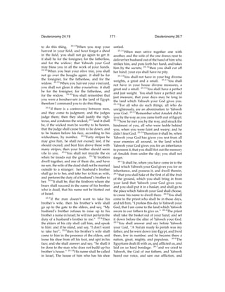 Deuteronomy 24:19

171

to do this thing. 24:19 When you reap your
harvest in your ﬁeld, and have forgot a sheaf
in the ﬁeld, you shall not go again to get it:
it shall be for the foreigner, for the fatherless,
and for the widow; that Yahweh your God
may bless you in all the work of your hands.
24:20
When you beat your olive tree, you shall
not go over the boughs again: it shall be for
the foreigner, for the fatherless, and for the
widow. 24:21 When you harvest your vineyard,
you shall not glean it after yourselves: it shall
be for the foreigner, for the fatherless, and
for the widow. 24:22 You shall remember that
you were a bondservant in the land of Egypt:
therefore I command you to do this thing.
25:1

If there is a controversy between men,
and they come to judgment, and the judges
judge them; then they shall justify the righteous, and condemn the wicked; 25:2 and it shall
be, if the wicked man be worthy to be beaten,
that the judge shall cause him to lie down, and
to be beaten before his face, according to his
wickedness, by number. 25:3 Forty stripes he
may give him, he shall not exceed; lest, if he
should exceed, and beat him above these with
many stripes, then your brother should seem
vile to you. 25:4 You shall not muzzle the ox
when he treads out the grain. 25:5 If brothers
dwell together, and one of them die, and have
no son, the wife of the dead shall not be married
outside to a stranger: her husband’s brother
shall go in to her, and take her to him as wife,
and perform the duty of a husband’s brother to
her. 25:6 It shall be, that the ﬁrstborn whom she
bears shall succeed in the name of his brother
who is dead, that his name not be blotted out
of Israel.
25:7

If the man doesn’t want to take his
brother’s wife, then his brother’s wife shall
go up to the gate to the elders, and say, “My
husband’s brother refuses to raise up to his
brother a name in Israel; he will not perform the
duty of a husband’s brother to me.” 25:8 Then
the elders of his city shall call him, and speak
to him: and if he stand, and say, “I don’t want
to take her”; 25:9 then his brother’s wife shall
come to him in the presence of the elders, and
loose his shoe from off his foot, and spit in his
face; and she shall answer and say, “So shall it
be done to the man who does not build up his
brother’s house.” 25:10 His name shall be called
in Israel, The house of him who has his shoe

Deuteronomy 26:7

untied.
25:11

When men strive together one with
another, and the wife of the one draws near to
deliver her husband out of the hand of him who
strikes him, and puts forth her hand, and takes
him by the secrets; 25:12 then you shall cut off
her hand, your eye shall have no pity.
25:13
You shall not have in your bag diverse
weights, a great and a small. 25:14 You shall
not have in your house diverse measures, a
great and a small. 25:15 You shall have a perfect
and just weight. You shall have a perfect and
just measure, that your days may be long in
the land which Yahweh your God gives you.
25:16
For all who do such things, all who do
unrighteously, are an abomination to Yahweh
your God. 25:17 Remember what Amalek did to
you by the way as you came forth out of Egypt;
25:18
how he met you by the way, and struck the
hindmost of you, all who were feeble behind
you, when you were faint and weary; and he
didn’t fear God. 25:19 Therefore it shall be, when
Yahweh your God has given you rest from all
your enemies all around, in the land which
Yahweh your God gives you for an inheritance
to possess it, that you shall blot out the memory
of Amalek from under the sky; you shall not
forget.
26:1
It shall be, when you have come in to the
land which Yahweh your God gives you for an
inheritance, and possess it, and dwell therein,
26:2
that you shall take of the ﬁrst of all the fruit
of the ground, which you shall bring in from
your land that Yahweh your God gives you;
and you shall put it in a basket, and shall go to
the place which Yahweh your God shall choose,
to cause his name to dwell there. 26:3 You shall
come to the priest who shall be in those days,
and tell him, “I profess this day to Yahweh your
God, that I am come to the land which Yahweh
swore to our fathers to give us.” 26:4 The priest
shall take the basket out of your hand, and set
it down before the altar of Yahweh your God.
26:5
You shall answer and say before Yahweh
your God, “A Syrian ready to perish was my
father; and he went down into Egypt, and lived
there, few in number; and he became there a
nation, great, mighty, and populous. 26:6 The
Egyptians dealt ill with us, and afﬂicted us, and
laid on us hard bondage: 26:7 and we cried to
Yahweh, the God of our fathers, and Yahweh
heard our voice, and saw our afﬂiction, and

 