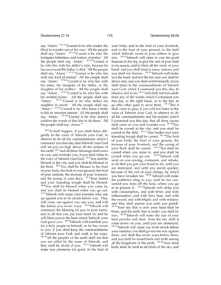Deuteronomy 27:18

173

say, ‘Amen.’ 27:18 ‘Cursed is he who makes the
blind to wander out of the way.’ All the people
shall say, ‘Amen.’ 27:19 ‘Cursed is he who the
foreigner, fatherless, and widow of justice.’ All
the people shall say, ‘Amen.’ 27:20 ‘Cursed is
he who lies with his father’s wife, because he
has uncovered his father’s skirt.’ All the people
shall say, ‘Amen.’ 27:21 ‘Cursed is he who lies
with any kind of animal.’ All the people shall
say, ‘Amen.’ 27:22 ‘Cursed is he who lies with
his sister, the daughter of his father, or the
daughter of his mother.’ All the people shall
say, ‘Amen.’ 27:23 ‘Cursed is he who lies with
his mother-in-law.’ All the people shall say,
‘Amen.’ 27:24 ‘Cursed is he who strikes his
neighbor in secret.’ All the people shall say,
‘Amen.’ 27:25 ‘Cursed is he who takes a bribe
to kill an innocent person.’ All the people shall
say, ‘Amen.’ 27:26 ‘Cursed is he who doesn’t
conﬁrm the words of this law to do them.’ All
the people shall say, ‘Amen.’”
28:1

It shall happen, if you shall listen diligently to the voice of Yahweh your God, to
observe to do all his commandments which I
command you this day, that Yahweh your God
will set you on high above all the nations of
the earth: 28:2 and all these blessings shall come
on you, and overtake you, if you shall listen to
the voice of Yahweh your God. 28:3 You shall be
blessed in the city, and you shall be blessed in
the ﬁeld. 28:4 You shall be blessed in the fruit
of your body, the fruit of your ground, the fruit
of your animals, the increase of your livestock,
and the young of your ﬂock. 28:5 Your basket
and your kneading trough shall be blessed.
28:6
You shall be blessed when you come in,
and you shall be blessed when you go out.
28:7
Yahweh will cause your enemies who rise
up against you to be struck before you. They
will come out against you one way, and will
ﬂee before you seven ways. 28:8 Yahweh will
command the blessing on you in your barns,
and in all that you put your hand to; and he
will bless you in the land which Yahweh your
God gives you. 28:9 Yahweh will establish you
for a holy people to himself, as he has sworn
to you; if you shall keep the commandments
of Yahweh your God, and walk in his ways.
28:10
All the peoples of the earth shall see that
you are called by the name of Yahweh; and
they shall be afraid of you. 28:11 Yahweh will
make you plenteous for good, in the fruit of

Deuteronomy 28:26

your body, and in the fruit of your livestock,
and in the fruit of your ground, in the land
which Yahweh swore to your fathers to give
you. 28:12 Yahweh will open to you his good
treasure in the sky, to give the rain of your land
in its season, and to bless all the work of your
hand: and you shall lend to many nations, and
you shall not borrow. 28:13 Yahweh will make
you the head, and not the tail; and you shall be
above only, and you shall not be beneath; if you
shall listen to the commandments of Yahweh
your God, which I command you this day, to
observe and to do, 28:14 and shall not turn aside
from any of the words which I command you
this day, to the right hand, or to the left, to
go after other gods to serve them. 28:15 But it
shall come to pass, if you will not listen to the
voice of Yahweh your God, to observe to do
all his commandments and his statutes which
I command you this day, that all these curses
shall come on you, and overtake you. 28:16 You
shall be cursed in the city, and you shall be
cursed in the ﬁeld. 28:17 Your basket and your
kneading trough shall be cursed. 28:18 The fruit
of your body, the fruit of your ground, the
increase of your livestock, and the young of
your ﬂock shall be cursed. 28:19 You shall be
cursed when you come in, and you shall be
cursed when you go out. 28:20 Yahweh will
send on you cursing, confusion, and rebuke,
in all that you put your hand to do, until you
are destroyed, and until you perish quickly;
because of the evil of your doings, by which
you have forsaken me. 28:21 Yahweh will make
the pestilence cling to you, until he has consumed you from off the land, where you go
in to possess it. 28:22 Yahweh will strike you
with consumption, and with fever, and with
inﬂammation, and with ﬁery heat, and with
the sword, and with blight, and with mildew;
and they shall pursue you until you perish.
28:23
Your sky that is over your head shall be
brass, and the earth that is under you shall be
iron. 28:24 Yahweh will make the rain of your
land powder and dust: from the sky shall it
come down on you, until you are destroyed.
28:25
Yahweh will cause you to be struck before
your enemies; you shall go out one way against
them, and shall ﬂee seven ways before them:
and you shall be tossed back and forth among
all the kingdoms of the earth. 28:26 Your dead
body shall be food to all birds of the sky, and

 