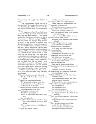 Deuteronomy 31:23

178

the same day, and taught it the children of
Israel.
31:23
He commissioned Joshua the son of
Nun, and said, “Be strong and courageous; for
you shall bring the children of Israel into the
land which I swore to them: and I will be with
you.”
31:24
It happened, when Moses had made
an end of writing the words of this law in a
book, until they were ﬁnished, 31:25 that Moses
commanded the Levites, who bore the ark of
the covenant of Yahweh, saying, 31:26 “Take
this book of the law, and put it by the side
of the ark of the covenant of Yahweh your
God, that it may be there for a witness against
you. 31:27 For I know your rebellion, and your
stiff neck: behold, while I am yet alive with
you this day, you have been rebellious against
Yahweh; and how much more after my death?
31:28
Assemble to me all the elders of your
tribes, and your ofﬁcers, that I may speak these
words in their ears, and call heaven and earth to
witness against them. 31:29 For I know that after
my death you will utterly corrupt yourselves,
and turn aside from the way which I have
commanded you; and evil will happen to you
in the latter days; because you will do that
which is evil in the sight of Yahweh, to provoke
him to anger through the work of your hands.”
31:30
Moses spoke in the ears of all the assembly of Israel the words of this song, until they
were ﬁnished.
32:1
Give ear, you heavens, and I will speak.
Let the earth hear the words of my
mouth.
32:2
My doctrine shall drop as the rain.
My speech shall condense as the dew,
as the small rain on the tender grass,
as the showers on the herb.
32:3
For I will proclaim the name of Yahweh.
Ascribe greatness to our God!
32:4
The Rock, his work is perfect,
for all his ways are justice:
a God of faithfulness and without iniquity,
just and right is he.
32:5
They have dealt corruptly with him. They
are not his children, because of their
defect.
They are a perverse and crooked generation.
32:6
Do you thus requite Yahweh,

Deuteronomy 32:17

foolish people and unwise?
Isn’t he your father who has bought you?
He has made you, and established you.
32:7
Remember the days of old.
Consider the years of many generations.
Ask your father, and he will show you;
your elders, and they will tell you.
32:8
When the Most High gave to the nations
their inheritance,
when he separated the children of men,
he set the bounds of the peoples
according to the number of the children
of Israel.
32:9
For Yahweh’s portion is his people.
Jacob is the lot of his inheritance.
32:10
He found him in a desert land,
in the waste howling wilderness.
He surrounded him.
He cared for him.
He kept him as the apple of his eye.
32:11
As an eagle that stirs up her nest,
that ﬂutters over her young,
he spread abroad his wings, he took them,
he bore them on his feathers.
32:12
Yahweh alone led him.
There was no foreign god with him.
32:13
He made him ride on the high places of the
earth.
He ate the increase of the ﬁeld.
He caused him to suck honey out of the rock,
oil out of the ﬂinty rock;
32:14
Butter of the herd, and milk of the ﬂock,
with fat of lambs,
rams of the breed of Bashan, and goats,
with the ﬁnest of the wheat.
Of the blood of the grape you drank wine.
32:15
But Jeshurun grew fat, and kicked.
You have grown fat.
You have grown thick.
You have become sleek.
Then he forsook God who made him,
and lightly esteemed the Rock of his
salvation.
32:16
They moved him to jealousy with strange
gods.
They provoked him to anger with abominations.
32:17
They sacriﬁced to demons, not God,
to gods that they didn’t know,
to new gods that came up recently,
which your fathers didn’t dread.

 