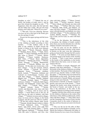 Joshua 15:17

195

daughter as wife.” 15:17 Othniel the son of
Kenaz, the brother of Caleb, took it: and he
gave him Achsah his daughter as wife. 15:18 It
happened, when she came, that she had him
ask her father fore a ﬁeld. She got off of her
donkey, and Caleb said, “What do you want?”
15:19
She said, “Give me a blessing. Because
you have set me in the land of the South, give
me also springs of water.”
He gave her the upper springs and the lower
springs.
15:20
This is the inheritance of the tribe
of the children of Judah according to their
15:21
The farthest cities of the
families.
tribe of the children of Judah toward the
border of Edom in the South were Kabzeel,
Eder, Jagur, 15:22 Kinah, Dimonah, Adadah,
15:23
Kedesh, Hazor, Ithnan, 15:24 Ziph, Telem,
Bealoth, 15:25 Hazor Hadattah, Kerioth Hezron
(the same is Hazor), 15:26 Amam, Shema,
Moladah, 15:27 Hazar Gaddah, Heshmon,
Beth Pelet, 15:28 Hazar Shual, Beersheba,
Biziothiah, 15:29 Baalah, Iim, Ezem, 15:30 Eltolad,
Chesil, Hormah, 15:31 Ziklag, Madmannah,
Sansannah, 15:32 Lebaoth, Shilhim, Ain, and
Rimmon. All the cities are twenty-nine, with
their villages. 15:33 In the lowland, Eshtaol,
Zorah, Ashnah, 15:34 Zanoah, En Gannim,
Tappuah, Enam, 15:35 Jarmuth, Adullam,
Socoh, Azekah, 15:36 Shaaraim, Adithaim and
Gederah (or Gederothaim); fourteen cities
with their villages. 15:37 Zenan, Hadashah,
Migdal Gad, 15:38 Dilean, Mizpeh, Joktheel,
15:39
Lachish, Bozkath, Eglon, 15:40 Cabbon,
Lahmam, Chitlish, 15:41 Gederoth, Beth Dagon,
Naamah, and Makkedah; sixteen cities with
15:42
Libnah, Ether, Ashan,
their villages.
15:43
Iphtah, Ashnah, Nezib, 15:44 Keilah,
Achzib, and Mareshah; nine cities with their
villages. 15:45 Ekron, with its towns and its
villages; 15:46 from Ekron even to the sea, all
that were by the side of Ashdod, with their
villages. 15:47 Ashdod, its towns and its villages;
Gaza, its towns and its villages; to the brook
of Egypt, and the great sea with its coastline.
15:48
In the hill country, Shamir, Jattir, Socoh,
15:49
Dannah, Kiriath Sannah (which is Debir),
15:50
Anab, Eshtemoh, Anim, 15:51 Goshen,
Holon, and Giloh; eleven cities with their
villages. 15:52 Arab, Dumah, Eshan, 15:53 Janim,
Beth Tappuah, Aphekah, 15:54 Humtah, Kiriath
Arba (the same is Hebron), and Zior; nine

Joshua 17:1

cities with their villages. 15:55 Maon, Carmel,
Ziph, Jutah, 15:56 Jezreel, Jokdeam, Zanoah,
15:57
Kain, Gibeah, and Timnah; ten cities with
their villages. 15:58 Halhul, Beth Zur, Gedor,
15:59
Maarath, Beth Anoth, and Eltekon; six
cities with their villages. 15:60 Kiriath Baal (the
same is Kiriath Jearim), and Rabbah; two cities
with their villages. 15:61 In the wilderness, Beth
Arabah, Middin, Secacah, 15:62 Nibshan, the
City of Salt, and En Gedi; six cities with their
villages.
15:63
As for the Jebusites, the inhabitants
of Jerusalem, the children of Judah couldn’t
drive them out; but the Jebusites live with the
children of Judah at Jerusalem to this day.
16:1
The lot came out for the children of
Joseph from the Jordan at Jericho, at the waters
of Jericho on the east, even the wilderness,
going up from Jericho through the hill country
to Bethel. 16:2 It went out from Bethel to Luz,
and passed along to the border of the Archites
to Ataroth; 16:3 and it went down westward
to the border of the Japhletites, to the border
of Beth Horon the lower, even to Gezer; and
ended at the sea.
16:4
The children of Joseph, Manasseh and
Ephraim, took their inheritance. 16:5 This was
the border of the children of Ephraim according
to their families. The border of their inheritance
eastward was Ataroth Addar, to Beth Horon
the upper. 16:6 The border went out westward at
Michmethath on the north. The border turned
about eastward to Taanath Shiloh, and passed
along it on the east of Janoah. 16:7 It went down
from Janoah to Ataroth, to Naarah, reached to
Jericho, and went out at the Jordan. 16:8 From
Tappuah the border went along westward to
the brook of Kanah; and ended at the sea.
This is the inheritance of the tribe of the
children of Ephraim according to their families;
16:9
together with the cities which were set apart
for the children of Ephraim in the midst of the
inheritance of the children of Manasseh, all the
cities with their villages. 16:10 They didn’t drive
out the Canaanites who lived in Gezer; but the
Canaanites dwell in the midst of Ephraim to
this day, and have become servants to do forced
labor.
17:1
This was the lot for the tribe of Manasseh, for he was the ﬁrstborn of Joseph. As for
Machir the ﬁrstborn of Manasseh, the father of
Gilead, because he was a man of war, therefore

 