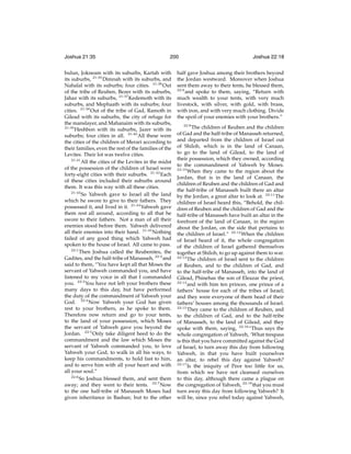 Joshua 21:35

200

bulun, Jokneam with its suburbs, Kartah with
its suburbs, 21:35 Dimnah with its suburbs, and
Nahalal with its suburbs; four cities. 21:36 Out
of the tribe of Reuben, Bezer with its suburbs,
Jahaz with its suburbs, 21:37 Kedemoth with its
suburbs, and Mephaath with its suburbs; four
cities. 21:38 Out of the tribe of Gad, Ramoth in
Gilead with its suburbs, the city of refuge for
the manslayer, and Mahanaim with its suburbs,
21:39
Heshbon with its suburbs, Jazer with its
suburbs; four cities in all. 21:40 All these were
the cities of the children of Merari according to
their families, even the rest of the families of the
Levites. Their lot was twelve cities.
21:41
All the cities of the Levites in the midst
of the possession of the children of Israel were
forty-eight cities with their suburbs. 21:42 Each
of these cities included their suburbs around
them. It was this way with all these cities.
21:43
So Yahweh gave to Israel all the land
which he swore to give to their fathers. They
possessed it, and lived in it. 21:44 Yahweh gave
them rest all around, according to all that he
swore to their fathers. Not a man of all their
enemies stood before them. Yahweh delivered
all their enemies into their hand. 21:45 Nothing
failed of any good thing which Yahweh had
spoken to the house of Israel. All came to pass.
22:1
Then Joshua called the Reubenites, the
Gadites, and the half-tribe of Manasseh, 22:2 and
said to them, “You have kept all that Moses the
servant of Yahweh commanded you, and have
listened to my voice in all that I commanded
you. 22:3 You have not left your brothers these
many days to this day, but have performed
the duty of the commandment of Yahweh your
God. 22:4 Now Yahweh your God has given
rest to your brothers, as he spoke to them.
Therefore now return and go to your tents,
to the land of your possession, which Moses
the servant of Yahweh gave you beyond the
Jordan. 22:5 Only take diligent heed to do the
commandment and the law which Moses the
servant of Yahweh commanded you, to love
Yahweh your God, to walk in all his ways, to
keep his commandments, to hold fast to him,
and to serve him with all your heart and with
all your soul.”
22:6
So Joshua blessed them, and sent them
away; and they went to their tents. 22:7 Now
to the one half-tribe of Manasseh Moses had
given inheritance in Bashan; but to the other

Joshua 22:18

half gave Joshua among their brothers beyond
the Jordan westward. Moreover when Joshua
sent them away to their tents, he blessed them,
22:8
and spoke to them, saying, “Return with
much wealth to your tents, with very much
livestock, with silver, with gold, with brass,
with iron, and with very much clothing. Divide
the spoil of your enemies with your brothers.”
22:9
The children of Reuben and the children
of Gad and the half-tribe of Manasseh returned,
and departed from the children of Israel out
of Shiloh, which is in the land of Canaan,
to go to the land of Gilead, to the land of
their possession, which they owned, according
to the commandment of Yahweh by Moses.
22:10
When they came to the region about the
Jordan, that is in the land of Canaan, the
children of Reuben and the children of Gad and
the half-tribe of Manasseh built there an altar
by the Jordan, a great altar to look at. 22:11 The
children of Israel heard this, “Behold, the children of Reuben and the children of Gad and the
half-tribe of Manasseh have built an altar in the
forefront of the land of Canaan, in the region
about the Jordan, on the side that pertains to
the children of Israel.” 22:12 When the children
of Israel heard of it, the whole congregation
of the children of Israel gathered themselves
together at Shiloh, to go up against them to war.
22:13
The children of Israel sent to the children
of Reuben, and to the children of Gad, and
to the half-tribe of Manasseh, into the land of
Gilead, Phinehas the son of Eleazar the priest,
22:14
and with him ten princes, one prince of a
fathers’ house for each of the tribes of Israel;
and they were everyone of them head of their
fathers’ houses among the thousands of Israel.
22:15
They came to the children of Reuben, and
to the children of Gad, and to the half-tribe
of Manasseh, to the land of Gilead, and they
spoke with them, saying, 22:16 “Thus says the
whole congregation of Yahweh, ‘What trespass
is this that you have committed against the God
of Israel, to turn away this day from following
Yahweh, in that you have built yourselves
an altar, to rebel this day against Yahweh?
22:17
Is the iniquity of Peor too little for us,
from which we have not cleansed ourselves
to this day, although there came a plague on
the congregation of Yahweh, 22:18 that you must
turn away this day from following Yahweh? It
will be, since you rebel today against Yahweh,

 