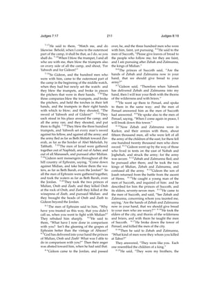 Judges 7:17
7:17

211

He said to them, “Watch me, and do
likewise. Behold, when I come to the outermost
part of the camp, it shall be that, as I do, so you
shall do. 7:18 When I blow the trumpet, I and all
who are with me, then blow the trumpets also
on every side of all the camp, and shout, ‘For
Yahweh and for Gideon!’”
7:19
So Gideon, and the hundred men who
were with him, came to the outermost part of
the camp in the beginning of the middle watch,
when they had but newly set the watch: and
they blew the trumpets, and broke in pieces
the pitchers that were in their hands. 7:20 The
three companies blew the trumpets, and broke
the pitchers, and held the torches in their left
hands, and the trumpets in their right hands
with which to blow; and they shouted, “The
sword of Yahweh and of Gideon!” 7:21 They
each stood in his place around the camp; and
all the army ran; and they shouted, and put
them to ﬂight. 7:22 They blew the three hundred
trumpets, and Yahweh set every man’s sword
against his fellow, and against all the army; and
the army ﬂed as far as Beth Shittah toward Zererah, as far as the border of Abel Meholah, by
Tabbath. 7:23 The men of Israel were gathered
together out of Naphtali, and out of Asher, and
out of all Manasseh, and pursued after Midian.
7:24
Gideon sent messengers throughout all the
hill country of Ephraim, saying, “Come down
against Midian, and take before them the waters, as far as Beth Barah, even the Jordan!” So
all the men of Ephraim were gathered together,
and took the waters as far as Beth Barah, even
the Jordan. 7:25 They took the two princes of
Midian, Oreb and Zeeb; and they killed Oreb
at the rock of Oreb, and Zeeb they killed at the
winepress of Zeeb, and pursued Midian: and
they brought the heads of Oreb and Zeeb to
Gideon beyond the Jordan.
8:1
The men of Ephraim said to him, “Why
have you treated us this way, that you didn’t
call us, when you went to ﬁght with Midian?”
They rebuked him sharply. 8:2 He said to
them, “What have I now done in comparison
with you? Isn’t the gleaning of the grapes of
Ephraim better than the vintage of Abiezer?
8:3
God has delivered into your hand the princes
of Midian, Oreb and Zeeb! What was I able to
do in comparison with you?” Then their anger
was abated toward him, when he had said that.
8:4
Gideon came to the Jordan, and passed

Judges 8:19

over, he, and the three hundred men who were
with him, faint, yet pursuing. 8:5 He said to the
men of Succoth, “Please give loaves of bread to
the people who follow me; for they are faint,
and I am pursuing after Zebah and Zalmunna,
the kings of Midian.”
8:6
The princes of Succoth said, “Are the
hands of Zebah and Zalmunna now in your
hand, that we should give bread to your
army?”
8:7
Gideon said, “Therefore when Yahweh
has delivered Zebah and Zalmunna into my
hand, then I will tear your ﬂesh with the thorns
of the wilderness and with briers.”
8:8
He went up there to Penuel, and spoke
to them in the same way; and the men of
Penuel answered him as the men of Succoth
had answered. 8:9 He spoke also to the men of
Penuel, saying, “When I come again in peace, I
will break down this tower.”
8:10
Now Zebah and Zalmunna were in
Karkor, and their armies with them, about
ﬁfteen thousand men, all who were left of all
the army of the children of the east; for there fell
one hundred twenty thousand men who drew
sword. 8:11 Gideon went up by the way of those
who lived in tents on the east of Nobah and
Jogbehah, and struck the army; for the army
was secure. 8:12 Zebah and Zalmunna ﬂed; and
he pursued after them; and he took the two
kings of Midian, Zebah and Zalmunna, and
confused all the army. 8:13 Gideon the son of
Joash returned from the battle from the ascent
of Heres. 8:14 He caught a young man of the
men of Succoth, and inquired of him: and he
described for him the princes of Succoth, and
its elders, seventy-seven men. 8:15 He came to
the men of Succoth, and said, “See Zebah and
Zalmunna, concerning whom you taunted me,
saying, ‘Are the hands of Zebah and Zalmunna
now in your hand, that we should give bread
to your men who are weary?’” 8:16 He took the
elders of the city, and thorns of the wilderness
and briers, and with them he taught the men
of Succoth. 8:17 He broke down the tower of
Penuel, and killed the men of the city.
8:18
Then he said to Zebah and Zalmunna,
“What kind of men were they whom you killed
at Tabor?”
They answered, “They were like you. Each
one resembled the children of a king.”
8:19
He said, “They were my brothers, the

 