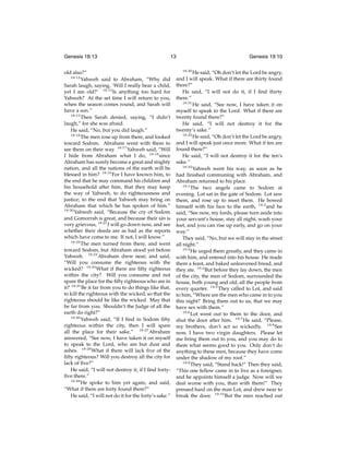 Genesis 18:13

13

old also?”
18:13
Yahweh said to Abraham, “Why did
Sarah laugh, saying, ‘Will I really bear a child,
yet I am old?’ 18:14 Is anything too hard for
Yahweh? At the set time I will return to you,
when the season comes round, and Sarah will
have a son.”
18:15
Then Sarah denied, saying, “I didn’t
laugh,” for she was afraid.
He said, “No, but you did laugh.”
18:16
The men rose up from there, and looked
toward Sodom. Abraham went with them to
see them on their way. 18:17 Yahweh said, “Will
I hide from Abraham what I do, 18:18 since
Abraham has surely become a great and mighty
nation, and all the nations of the earth will be
blessed in him? 18:19 For I have known him, to
the end that he may command his children and
his household after him, that they may keep
the way of Yahweh, to do righteousness and
justice; to the end that Yahweh may bring on
Abraham that which he has spoken of him.”
18:20
Yahweh said, “Because the cry of Sodom
and Gomorrah is great, and because their sin is
very grievous, 18:21 I will go down now, and see
whether their deeds are as bad as the reports
which have come to me. If not, I will know.”
18:22
The men turned from there, and went
toward Sodom, but Abraham stood yet before
Yahweh. 18:23 Abraham drew near, and said,
“Will you consume the righteous with the
wicked? 18:24 What if there are ﬁfty righteous
within the city? Will you consume and not
spare the place for the ﬁfty righteous who are in
it? 18:25 Be it far from you to do things like that,
to kill the righteous with the wicked, so that the
righteous should be like the wicked. May that
be far from you. Shouldn’t the Judge of all the
earth do right?”
18:26
Yahweh said, “If I ﬁnd in Sodom ﬁfty
righteous within the city, then I will spare
all the place for their sake.” 18:27 Abraham
answered, “See now, I have taken it on myself
to speak to the Lord, who am but dust and
ashes. 18:28 What if there will lack ﬁve of the
ﬁfty righteous? Will you destroy all the city for
lack of ﬁve?”
He said, “I will not destroy it, if I ﬁnd fortyﬁve there.”
18:29
He spoke to him yet again, and said,
“What if there are forty found there?”
He said, “I will not do it for the forty’s sake.”

Genesis 19:10
18:30

He said, “Oh don’t let the Lord be angry,
and I will speak. What if there are thirty found
there?”
He said, “I will not do it, if I ﬁnd thirty
there.”
18:31
He said, “See now, I have taken it on
myself to speak to the Lord. What if there are
twenty found there?”
He said, “I will not destroy it for the
twenty’s sake.”
18:32
He said, “Oh don’t let the Lord be angry,
and I will speak just once more. What if ten are
found there?”
He said, “I will not destroy it for the ten’s
sake.”
18:33
Yahweh went his way, as soon as he
had ﬁnished communing with Abraham, and
Abraham returned to his place.
19:1
The two angels came to Sodom at
evening. Lot sat in the gate of Sodom. Lot saw
them, and rose up to meet them. He bowed
himself with his face to the earth, 19:2 and he
said, “See now, my lords, please turn aside into
your servant’s house, stay all night, wash your
feet, and you can rise up early, and go on your
way.”
They said, “No, but we will stay in the street
all night.”
19:3
He urged them greatly, and they came in
with him, and entered into his house. He made
them a feast, and baked unleavened bread, and
they ate. 19:4 But before they lay down, the men
of the city, the men of Sodom, surrounded the
house, both young and old, all the people from
every quarter. 19:5 They called to Lot, and said
to him, “Where are the men who came in to you
this night? Bring them out to us, that we may
have sex with them.”
19:6
Lot went out to them to the door, and
shut the door after him. 19:7 He said, “Please,
my brothers, don’t act so wickedly. 19:8 See
now, I have two virgin daughters. Please let
me bring them out to you, and you may do to
them what seems good to you. Only don’t do
anything to these men, because they have come
under the shadow of my roof.”
19:9
They said, “Stand back!” Then they said,
“This one fellow came in to live as a foreigner,
and he appoints himself a judge. Now will we
deal worse with you, than with them!” They
pressed hard on the man Lot, and drew near to
break the door. 19:10 But the men reached out

 