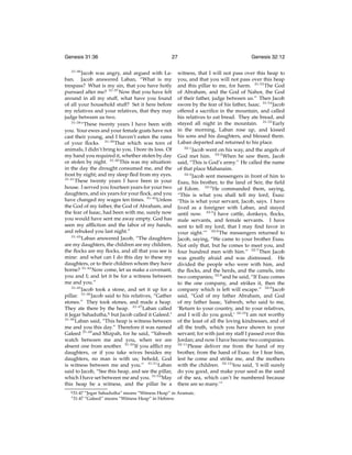 Genesis 31:36
31:36

27

Jacob was angry, and argued with Laban. Jacob answered Laban, “What is my
trespass? What is my sin, that you have hotly
pursued after me? 31:37 Now that you have felt
around in all my stuff, what have you found
of all your household stuff? Set it here before
my relatives and your relatives, that they may
judge between us two.
31:38
“These twenty years I have been with
you. Your ewes and your female goats have not
cast their young, and I haven’t eaten the rams
of your ﬂocks. 31:39 That which was torn of
animals, I didn’t bring to you. I bore its loss. Of
my hand you required it, whether stolen by day
or stolen by night. 31:40 This was my situation:
in the day the drought consumed me, and the
frost by night; and my sleep ﬂed from my eyes.
31:41
These twenty years I have been in your
house. I served you fourteen years for your two
daughters, and six years for your ﬂock, and you
have changed my wages ten times. 31:42 Unless
the God of my father, the God of Abraham, and
the fear of Isaac, had been with me, surely now
you would have sent me away empty. God has
seen my afﬂiction and the labor of my hands,
and rebuked you last night.”
31:43
Laban answered Jacob, “The daughters
are my daughters, the children are my children,
the ﬂocks are my ﬂocks, and all that you see is
mine: and what can I do this day to these my
daughters, or to their children whom they have
borne? 31:44 Now come, let us make a covenant,
you and I; and let it be for a witness between
me and you.”
31:45
Jacob took a stone, and set it up for a
pillar. 31:46 Jacob said to his relatives, “Gather
stones.” They took stones, and made a heap.
They ate there by the heap. 31:47 Laban called
it Jegar Sahadutha,q but Jacob called it Galeed.r
31:48
Laban said, “This heap is witness between
me and you this day.” Therefore it was named
Galeed 31:49 and Mizpah, for he said, “Yahweh
watch between me and you, when we are
absent one from another. 31:50 If you afﬂict my
daughters, or if you take wives besides my
daughters, no man is with us; behold, God
is witness between me and you.” 31:51 Laban
said to Jacob, “See this heap, and see the pillar,
which I have set between me and you. 31:52 May
this heap be a witness, and the pillar be a
q 31:47

r 31:47

Genesis 32:12

witness, that I will not pass over this heap to
you, and that you will not pass over this heap
and this pillar to me, for harm. 31:53 The God
of Abraham, and the God of Nahor, the God
of their father, judge between us.” Then Jacob
swore by the fear of his father, Isaac. 31:54 Jacob
offered a sacriﬁce in the mountain, and called
his relatives to eat bread. They ate bread, and
stayed all night in the mountain. 31:55 Early
in the morning, Laban rose up, and kissed
his sons and his daughters, and blessed them.
Laban departed and returned to his place.
32:1
Jacob went on his way, and the angels of
God met him. 32:2 When he saw them, Jacob
said, “This is God’s army.” He called the name
of that place Mahanaim.
32:3
Jacob sent messengers in front of him to
Esau, his brother, to the land of Seir, the ﬁeld
of Edom. 32:4 He commanded them, saying,
“This is what you shall tell my lord, Esau:
‘This is what your servant, Jacob, says. I have
lived as a foreigner with Laban, and stayed
until now. 32:5 I have cattle, donkeys, ﬂocks,
male servants, and female servants. I have
sent to tell my lord, that I may ﬁnd favor in
your sight.’” 32:6 The messengers returned to
Jacob, saying, “We came to your brother Esau.
Not only that, but he comes to meet you, and
four hundred men with him.” 32:7 Then Jacob
was greatly afraid and was distressed. He
divided the people who were with him, and
the ﬂocks, and the herds, and the camels, into
two companies; 32:8 and he said, “If Esau comes
to the one company, and strikes it, then the
company which is left will escape.” 32:9 Jacob
said, “God of my father Abraham, and God
of my father Isaac, Yahweh, who said to me,
‘Return to your country, and to your relatives,
and I will do you good,’ 32:10 I am not worthy
of the least of all the loving kindnesses, and of
all the truth, which you have shown to your
servant; for with just my staff I passed over this
Jordan; and now I have become two companies.
32:11
Please deliver me from the hand of my
brother, from the hand of Esau: for I fear him,
lest he come and strike me, and the mothers
with the children. 32:12 You said, ‘I will surely
do you good, and make your seed as the sand
of the sea, which can’t be numbered because
there are so many.’”

“Jegar Sahadutha” means “Witness Heap” in Aramaic.
“Galeed” means “Witness Heap” in Hebrew.

 