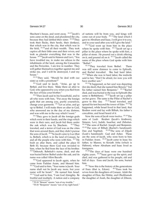 Genesis 34:27
Shechem’s house, and went away. 34:27 Jacob’s
sons came on the dead, and plundered the city,
because they had deﬁled their sister. 34:28 They
took their ﬂocks, their herds, their donkeys,
that which was in the city, that which was in
the ﬁeld, 34:29 and all their wealth. They took
captive all their little ones and their wives, and
took as plunder everything that was in the
house. 34:30 Jacob said to Simeon and Levi, “You
have troubled me, to make me odious to the
inhabitants of the land, among the Canaanites
and the Perizzites. I am few in number. They
will gather themselves together against me and
strike me, and I will be destroyed, I and my
house.”
34:31
They said, “Should he deal with our
sister as with a prostitute?”
35:1
God said to Jacob, “Arise, go up to
Bethel, and live there. Make there an altar to
God, who appeared to you when you ﬂed from
the face of Esau your brother.”
35:2
Then Jacob said to his household, and to
all who were with him, “Put away the foreign
gods that are among you, purify yourselves,
change your garments. 35:3 Let us arise, and go
up to Bethel. I will make there an altar to God,
who answered me in the day of my distress,
and was with me in the way which I went.”
35:4
They gave to Jacob all the foreign gods
which were in their hands, and the rings which
were in their ears; and Jacob hid them under
the oak which was by Shechem. 35:5 They
traveled, and a terror of God was on the cities
that were around them, and they didn’t pursue
the sons of Jacob. 35:6 So Jacob came to Luz (that
is, Bethel), which is in the land of Canaan, he
and all the people who were with him. 35:7 He
built an altar there, and called the place El
Beth El; because there God was revealed to
him, when he ﬂed from the face of his brother.
35:8
Deborah, Rebekah’s nurse, died, and she
was buried below Bethel under the oak; and its
name was called Allon Bacuth.
35:9
God appeared to Jacob again, when he
came from Paddan Aram, and blessed him.
35:10
God said to him, “Your name is Jacob. Your
name shall not be Jacob any more, but your
name will be Israel.” He named him Israel.
35:11
God said to him, “I am God Almighty. Be
fruitful and multiply. A nation and a company
w 35:18

x 35:18

“Benoni” means “son of my trouble.”
“Benjamin” means “son of my right hand.”

30

Genesis 36:2

of nations will be from you, and kings will
come out of your body. 35:12 The land which I
gave to Abraham and Isaac, I will give it to you,
and to your seed after you will I give the land.”
35:13
God went up from him in the place
where he spoke with him. 35:14 Jacob set up a
pillar in the place where he spoke with him, a
pillar of stone. He poured out a drink offering
on it, and poured oil on it. 35:15 Jacob called the
name of the place where God spoke with him
“Bethel.”
35:16
They traveled from Bethel.
There
was still some distance to come to Ephrath,
and Rachel travailed. She had hard labor.
35:17
When she was in hard labor, the midwife
said to her, “Don’t be afraid, for now you will
have another son.”
35:18
It happened, as her soul was departing
(for she died), that she named him Benoni,w but
his father named him Benjamin.x 35:19 Rachel
died, and was buried in the way to Ephrath (the
same is Bethlehem). 35:20 Jacob set up a pillar
on her grave. The same is the Pillar of Rachel’s
grave to this day. 35:21 Israel traveled, and
spread his tent beyond the tower of Eder. 35:22 It
happened, while Israel lived in that land, that
Reuben went and lay with Bilhah, his father’s
concubine, and Israel heard of it.
Now the sons of Jacob were twelve. 35:23 The
sons of Leah: Reuben (Jacob’s ﬁrstborn),
Simeon, Levi, Judah, Issachar, and Zebulun.
35:24
The sons of Rachel: Joseph and Benjamin.
35:25
The sons of Bilhah (Rachel’s handmaid):
Dan and Naphtali. 35:26 The sons of Zilpah
(Leah’s handmaid): Gad and Asher. These
are the sons of Jacob, who were born to him
in Paddan Aram. 35:27 Jacob came to Isaac his
father, to Mamre, to Kiriath Arba (which is
Hebron), where Abraham and Isaac lived as
foreigners.
35:28
The days of Isaac were one hundred
eighty years. 35:29 Isaac gave up the spirit, and
died, and was gathered to his people, old and
full of days. Esau and Jacob, his sons, buried
him.
36:1
Now this is the history of the generations
of Esau (that is, Edom). 36:2 Esau took his
wives from the daughters of Canaan: Adah the
daughter of Elon, the Hittite; and Oholibamah
the daughter of Anah, the daughter of Zibeon,

 