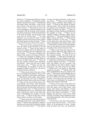 Genesis 36:3

31

the Hivite; 36:3 and Basemath, Ishmael’s daughter, sister of Nebaioth. 36:4 Adah bore to Esau
Eliphaz. Basemath bore Reuel. 36:5 Oholibamah
bore Jeush, Jalam, and Korah. These are the
sons of Esau, who were born to him in the
land of Canaan. 36:6 Esau took his wives, his
sons, his daughters, and all the members of his
household, with his livestock, all his animals,
and all his possessions, which he had gathered
in the land of Canaan, and went into a land
away from his brother Jacob. 36:7 For their
substance was too great for them to dwell
together, and the land of their travels couldn’t
bear them because of their livestock. 36:8 Esau
lived in the hill country of Seir. Esau is Edom.
36:9
This is the history of the generations of
Esau the father of the Edomites in the hill
country of Seir: 36:10 these are the names of
Esau’s sons: Eliphaz, the son of Adah, the wife
of Esau; and Reuel, the son of Basemath, the
wife of Esau. 36:11 The sons of Eliphaz were
Teman, Omar, Zepho, and Gatam, and Kenaz.
36:12
Timna was concubine to Eliphaz, Esau’s
son; and she bore to Eliphaz Amalek. These are
the sons of Adah, Esau’s wife. 36:13 These are
the sons of Reuel: Nahath, Zerah, Shammah,
and Mizzah. These were the sons of Basemath, Esau’s wife. 36:14 These were the sons
of Oholibamah, the daughter of Anah, the
daughter of Zibeon, Esau’s wife: she bore to
Esau Jeush, Jalam, and Korah.
36:15
These are the chiefs of the sons of Esau:
the sons of Eliphaz the ﬁrstborn of Esau: chief
Teman, chief Omar, chief Zepho, chief Kenaz,
36:16
chief Korah, chief Gatam, chief Amalek:
these are the chiefs who came of Eliphaz in
the land of Edom; these are the sons of Adah.
36:17
These are the sons of Reuel, Esau’s son:
chief Nahath, chief Zerah, chief Shammah,
chief Mizzah: these are the chiefs who came of
Reuel in the land of Edom; these are the sons of
Basemath, Esau’s wife. 36:18 These are the sons
of Oholibamah, Esau’s wife: chief Jeush, chief
Jalam, chief Korah: these are the chiefs who
came of Oholibamah the daughter of Anah,
Esau’s wife. 36:19 These are the sons of Esau
(that is, Edom), and these are their chiefs.
36:20
These are the sons of Seir the Horite, the
inhabitants of the land: Lotan, Shobal, Zibeon,
Anah, 36:21 Dishon, Ezer, and Dishan. These are
the chiefs who came of the Horites, the children
of Seir in the land of Edom. 36:22 The children

Genesis 37:2

of Lotan were Hori and Heman. Lotan’s sister
was Timna. 36:23 These are the children of
Shobal: Alvan, Manahath, Ebal, Shepho, and
Onam. 36:24 These are the children of Zibeon:
Aiah and Anah. This is Anah who found the
hot springs in the wilderness, as he fed the
donkeys of Zibeon his father. 36:25 These are
the children of Anah: Dishon and Oholibamah,
the daughter of Anah. 36:26 These are the
children of Dishon: Hemdan, Eshban, Ithran,
and Cheran. 36:27 These are the children of Ezer:
Bilhan, Zaavan, and Akan. 36:28 These are the
children of Dishan: Uz and Aran. 36:29 These
are the chiefs who came of the Horites: chief
Lotan, chief Shobal, chief Zibeon, chief Anah,
36:30
chief Dishon, chief Ezer, and chief Dishan:
these are the chiefs who came of the Horites,
according to their chiefs in the land of Seir.
36:31
These are the kings who reigned in the
land of Edom, before any king reigned over
the children of Israel. 36:32 Bela, the son of
Beor, reigned in Edom. The name of his city
was Dinhabah. 36:33 Bela died, and Jobab, the
son of Zerah of Bozrah, reigned in his place.
36:34
Jobab died, and Husham of the land of the
Temanites reigned in his place. 36:35 Husham
died, and Hadad, the son of Bedad, who
struck Midian in the ﬁeld of Moab, reigned
in his place. The name of his city was Avith.
36:36
Hadad died, and Samlah of Masrekah
reigned in his place. 36:37 Samlah died, and
Shaul of Rehoboth by the river, reigned in his
place. 36:38 Shaul died, and Baal Hanan, the son
of Achbor reigned in his place. 36:39 Baal Hanan
the son of Achbor died, and Hadar reigned in
his place. The name of his city was Pau. His
wife’s name was Mehetabel, the daughter of
Matred, the daughter of Mezahab.
36:40
These are the names of the chiefs who
came from Esau, according to their families,
after their places, and by their names: chief
Timna, chief Alvah, chief Jetheth, 36:41 chief
Oholibamah, chief Elah, chief Pinon, 36:42 chief
Kenaz, chief Teman, chief Mibzar, 36:43 chief
Magdiel, and chief Iram. These are the chiefs
of Edom, according to their habitations in the
land of their possession. This is Esau, the father
of the Edomites.
37:1
Jacob lived in the land of his father’s
travels, in the land of Canaan. 37:2 This is the
history of the generations of Jacob. Joseph,
being seventeen years old, was feeding the

 
