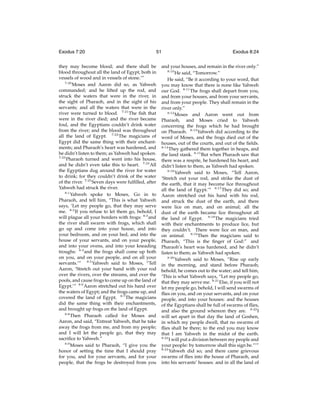 Exodus 7:20

51

they may become blood; and there shall be
blood throughout all the land of Egypt, both in
vessels of wood and in vessels of stone.’”
7:20
Moses and Aaron did so, as Yahweh
commanded; and he lifted up the rod, and
struck the waters that were in the river, in
the sight of Pharaoh, and in the sight of his
servants; and all the waters that were in the
river were turned to blood. 7:21 The ﬁsh that
were in the river died; and the river became
foul, and the Egyptians couldn’t drink water
from the river; and the blood was throughout
all the land of Egypt. 7:22 The magicians of
Egypt did the same thing with their enchantments; and Pharaoh’s heart was hardened, and
he didn’t listen to them; as Yahweh had spoken.
7:23
Pharaoh turned and went into his house,
and he didn’t even take this to heart. 7:24 All
the Egyptians dug around the river for water
to drink; for they couldn’t drink of the water
of the river. 7:25 Seven days were fulﬁlled, after
Yahweh had struck the river.
8:1
Yahweh spoke to Moses, Go in to
Pharaoh, and tell him, “This is what Yahweh
says, ‘Let my people go, that they may serve
me. 8:2 If you refuse to let them go, behold, I
will plague all your borders with frogs: 8:3 and
the river shall swarm with frogs, which shall
go up and come into your house, and into
your bedroom, and on your bed, and into the
house of your servants, and on your people,
and into your ovens, and into your kneading
troughs: 8:4 and the frogs shall come up both
on you, and on your people, and on all your
servants.’” 8:5 Yahweh said to Moses, “Tell
Aaron, ‘Stretch out your hand with your rod
over the rivers, over the streams, and over the
pools, and cause frogs to come up on the land of
Egypt.’” 8:6 Aaron stretched out his hand over
the waters of Egypt; and the frogs came up, and
covered the land of Egypt. 8:7 The magicians
did the same thing with their enchantments,
and brought up frogs on the land of Egypt.
8:8
Then Pharaoh called for Moses and
Aaron, and said, “Entreat Yahweh, that he take
away the frogs from me, and from my people;
and I will let the people go, that they may
sacriﬁce to Yahweh.”
8:9
Moses said to Pharaoh, “I give you the
honor of setting the time that I should pray
for you, and for your servants, and for your
people, that the frogs be destroyed from you

Exodus 8:24

and your houses, and remain in the river only.”
8:10
He said, “Tomorrow.”
He said, “Be it according to your word, that
you may know that there is none like Yahweh
our God. 8:11 The frogs shall depart from you,
and from your houses, and from your servants,
and from your people. They shall remain in the
river only.”
8:12
Moses and Aaron went out from
Pharaoh, and Moses cried to Yahweh
concerning the frogs which he had brought
on Pharaoh. 8:13 Yahweh did according to the
word of Moses, and the frogs died out of the
houses, out of the courts, and out of the ﬁelds.
8:14
They gathered them together in heaps, and
the land stank. 8:15 But when Pharaoh saw that
there was a respite, he hardened his heart, and
didn’t listen to them, as Yahweh had spoken.
8:16
Yahweh said to Moses, “Tell Aaron,
‘Stretch out your rod, and strike the dust of
the earth, that it may become lice throughout
all the land of Egypt.’” 8:17 They did so; and
Aaron stretched out his hand with his rod,
and struck the dust of the earth, and there
were lice on man, and on animal; all the
dust of the earth became lice throughout all
the land of Egypt. 8:18 The magicians tried
with their enchantments to produce lice, but
they couldn’t. There were lice on man, and
on animal. 8:19 Then the magicians said to
Pharaoh, “This is the ﬁnger of God:” and
Pharaoh’s heart was hardened, and he didn’t
listen to them; as Yahweh had spoken.
8:20
Yahweh said to Moses, “Rise up early
in the morning, and stand before Pharaoh;
behold, he comes out to the water; and tell him,
‘This is what Yahweh says, “Let my people go,
that they may serve me. 8:21 Else, if you will not
let my people go, behold, I will send swarms of
ﬂies on you, and on your servants, and on your
people, and into your houses: and the houses
of the Egyptians shall be full of swarms of ﬂies,
and also the ground whereon they are. 8:22 I
will set apart in that day the land of Goshen,
in which my people dwell, that no swarms of
ﬂies shall be there; to the end you may know
that I am Yahweh in the midst of the earth.
8:23
I will put a division between my people and
your people: by tomorrow shall this sign be.”’”
8:24
Yahweh did so; and there came grievous
swarms of ﬂies into the house of Pharaoh, and
into his servants’ houses: and in all the land of

 