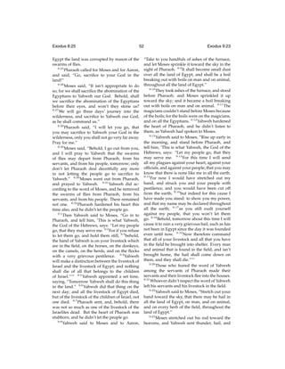 Exodus 8:25

52

Egypt the land was corrupted by reason of the
swarms of ﬂies.
8:25
Pharaoh called for Moses and for Aaron,
and said, “Go, sacriﬁce to your God in the
land!”
8:26
Moses said, “It isn’t appropriate to do
so; for we shall sacriﬁce the abomination of the
Egyptians to Yahweh our God. Behold, shall
we sacriﬁce the abomination of the Egyptians
before their eyes, and won’t they stone us?
8:27
We will go three days’ journey into the
wilderness, and sacriﬁce to Yahweh our God,
as he shall command us.”
8:28
Pharaoh said, “I will let you go, that
you may sacriﬁce to Yahweh your God in the
wilderness, only you shall not go very far away.
Pray for me.”
8:29
Moses said, “Behold, I go out from you,
and I will pray to Yahweh that the swarms
of ﬂies may depart from Pharaoh, from his
servants, and from his people, tomorrow; only
don’t let Pharaoh deal deceitfully any more
in not letting the people go to sacriﬁce to
Yahweh.” 8:30 Moses went out from Pharaoh,
and prayed to Yahweh. 8:31 Yahweh did according to the word of Moses, and he removed
the swarms of ﬂies from Pharaoh, from his
servants, and from his people. There remained
not one. 8:32 Pharaoh hardened his heart this
time also, and he didn’t let the people go.
9:1
Then Yahweh said to Moses, “Go in to
Pharaoh, and tell him, ‘This is what Yahweh,
the God of the Hebrews, says: “Let my people
go, that they may serve me. 9:2 For if you refuse
to let them go, and hold them still, 9:3 behold,
the hand of Yahweh is on your livestock which
are in the ﬁeld, on the horses, on the donkeys,
on the camels, on the herds, and on the ﬂocks
with a very grievous pestilence. 9:4 Yahweh
will make a distinction between the livestock of
Israel and the livestock of Egypt; and nothing
shall die of all that belongs to the children
of Israel.”’” 9:5 Yahweh appointed a set time,
saying, “Tomorrow Yahweh shall do this thing
in the land.” 9:6 Yahweh did that thing on the
next day; and all the livestock of Egypt died,
but of the livestock of the children of Israel, not
one died. 9:7 Pharaoh sent, and, behold, there
was not so much as one of the livestock of the
Israelites dead. But the heart of Pharaoh was
stubborn, and he didn’t let the people go.
9:8
Yahweh said to Moses and to Aaron,

Exodus 9:23

“Take to you handfuls of ashes of the furnace,
and let Moses sprinkle it toward the sky in the
sight of Pharaoh. 9:9 It shall become small dust
over all the land of Egypt, and shall be a boil
breaking out with boils on man and on animal,
throughout all the land of Egypt.”
9:10
They took ashes of the furnace, and stood
before Pharaoh; and Moses sprinkled it up
toward the sky; and it became a boil breaking
out with boils on man and on animal. 9:11 The
magicians couldn’t stand before Moses because
of the boils; for the boils were on the magicians,
and on all the Egyptians. 9:12 Yahweh hardened
the heart of Pharaoh, and he didn’t listen to
them, as Yahweh had spoken to Moses.
9:13
Yahweh said to Moses, “Rise up early in
the morning, and stand before Pharaoh, and
tell him, ‘This is what Yahweh, the God of the
Hebrews, says: “Let my people go, that they
may serve me. 9:14 For this time I will send
all my plagues against your heart, against your
ofﬁcials, and against your people; that you may
know that there is none like me in all the earth.
9:15
For now I would have stretched out my
hand, and struck you and your people with
pestilence, and you would have been cut off
from the earth; 9:16 but indeed for this cause I
have made you stand: to show you my power,
and that my name may be declared throughout
all the earth; 9:17 as you still exalt yourself
against my people, that you won’t let them
go. 9:18 Behold, tomorrow about this time I will
cause it to rain a very grievous hail, such as has
not been in Egypt since the day it was founded
even until now. 9:19 Now therefore command
that all of your livestock and all that you have
in the ﬁeld be brought into shelter. Every man
and animal that is found in the ﬁeld, and isn’t
brought home, the hail shall come down on
them, and they shall die.”’”
9:20
Those who feared the word of Yahweh
among the servants of Pharaoh made their
servants and their livestock ﬂee into the houses.
9:21
Whoever didn’t respect the word of Yahweh
left his servants and his livestock in the ﬁeld.
9:22
Yahweh said to Moses, “Stretch out your
hand toward the sky, that there may be hail in
all the land of Egypt, on man, and on animal,
and on every herb of the ﬁeld, throughout the
land of Egypt.”
9:23
Moses stretched out his rod toward the
heavens, and Yahweh sent thunder, hail, and

 