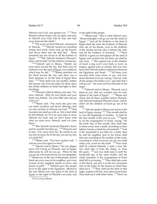 Exodus 10:17
Yahweh your God, and against you. 10:17 Now
therefore please forgive my sin again, and pray
to Yahweh your God, that he may also take
away from me this death.”
10:18
He went out from Pharaoh, and prayed
to Yahweh. 10:19 Yahweh turned an exceeding
strong west wind, which took up the locusts,
and drove them into the Red Seaf . There
remained not one locust in all the borders of
Egypt. 10:20 But Yahweh hardened Pharaoh’s
heart, and he didn’t let the children of Israel go.
10:21
Yahweh said to Moses, “Stretch out
your hand toward the sky, that there may be
darkness over the land of Egypt, even darkness
which may be felt.” 10:22 Moses stretched out
his hand toward the sky, and there was a
thick darkness in all the land of Egypt three
days. 10:23 They didn’t see one another, neither
did anyone rise from his place for three days;
but all the children of Israel had light in their
dwellings.
10:24
Pharaoh called to Moses, and said, “Go,
serve Yahweh. Only let your ﬂocks and your
herds stay behind. Let your little ones also go
with you.”
10:25
Moses said, “You must also give into
our hand sacriﬁces and burnt offerings, that
we may sacriﬁce to Yahweh our God. 10:26 Our
livestock also shall go with us. Not a hoof shall
be left behind, for of it we must take to serve
Yahweh our God; and we don’t know with
what we must serve Yahweh, until we come
there.”
10:27
But Yahweh hardened Pharaoh’s heart,
and he wouldn’t let them go. 10:28 Pharaoh said
to him, “Get away from me! Be careful to see
my face no more; for in the day you see my face
you shall die!”
10:29
Moses said, “You have spoken well. I
will see your face again no more.”
11:1
Yahweh said to Moses, “Yet one plague
more will I bring on Pharaoh, and on Egypt;
afterwards he will let you go. When he lets
you go, he will surely thrust you out altogether.
11:2
Speak now in the ears of the people, and let
them ask every man of his neighbor, and every
woman of her neighbor, jewels of silver, and
jewels of gold.” 11:3 Yahweh gave the people
favor in the sight of the Egyptians. Moreover
the man Moses was very great in the land of
Egypt, in the sight of Pharaoh’s servants, and
f 10:19

or, Sea of Reeds

54

Exodus 12:9

in the sight of the people.
11:4
Moses said, “This is what Yahweh says:
‘About midnight I will go out into the midst of
Egypt, 11:5 and all the ﬁrstborn in the land of
Egypt shall die, from the ﬁrstborn of Pharaoh
who sits on his throne, even to the ﬁrstborn
of the female servant who is behind the mill;
and all the ﬁrstborn of livestock. 11:6 There
shall be a great cry throughout all the land of
Egypt, such as there has not been, nor shall be
any more. 11:7 But against any of the children
of Israel a dog won’t even bark or move its
tongue, against man or animal; that you may
know that Yahweh makes a distinction between
the Egyptians and Israel. 11:8 All these your
servants shall come down to me, and bow
down themselves to me, saying, “Get out, with
all the people who follow you”; and after that I
will go out.’” He went out from Pharaoh in hot
anger.
11:9
Yahweh said to Moses, “Pharaoh won’t
listen to you, that my wonders may be multiplied in the land of Egypt.” 11:10 Moses and
Aaron did all these wonders before Pharaoh,
and Yahweh hardened Pharaoh’s heart, and he
didn’t let the children of Israel go out of his
land.
12:1
Yahweh spoke to Moses and Aaron in the
land of Egypt, saying, 12:2 “This month shall be
to you the beginning of months. It shall be
the ﬁrst month of the year to you. 12:3 Speak
to all the congregation of Israel, saying, ‘On
the tenth day of this month, they shall take
to them every man a lamb, according to their
fathers’ houses, a lamb for a household; 12:4 and
if the household is too little for a lamb, then
he and his neighbor next to his house shall
take one according to the number of the souls;
according to what everyone can eat you shall
make your count for the lamb. 12:5 Your lamb
shall be without blemish, a male a year old.
You shall take it from the sheep, or from
the goats: 12:6 and you shall keep it until the
fourteenth day of the same month; and the
whole assembly of the congregation of Israel
shall kill it at evening. 12:7 They shall take some
of the blood, and put it on the two doorposts
and on the lintel, on the houses in which they
shall eat it. 12:8 They shall eat the ﬂesh in that
night, roasted with ﬁre, and unleavened bread.
They shall eat it with bitter herbs. 12:9 Don’t eat

 