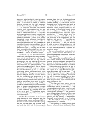 Exodus 12:10

55

it raw, nor boiled at all with water, but roasted
with ﬁre; with its head, its legs and its inner
parts. 12:10 You shall let nothing of it remain
until the morning; but that which remains of
it until the morning you shall burn with ﬁre.
12:11
This is how you shall eat it: with your belt
on your waist, your shoes on your feet, and
your staff in your hand; and you shall eat it in
haste: it is Yahweh’s Passover. 12:12 For I will
go through the land of Egypt in that night, and
will strike all the ﬁrstborn in the land of Egypt,
both man and animal. Against all the gods of
Egypt I will execute judgments: I am Yahweh.
12:13
The blood shall be to you for a token on
the houses where you are: and when I see the
blood, I will pass over you, and there shall no
plague be on you to destroy you, when I strike
the land of Egypt. 12:14 This day shall be to you
for a memorial, and you shall keep it a feast
to Yahweh: throughout your generations you
shall keep it a feast by an ordinance forever.
12:15

“‘Seven days you shall eat unleavened
bread; even the ﬁrst day you shall put away
yeast out of your houses, for whoever eats
leavened bread from the ﬁrst day until the
seventh day, that soul shall be cut off from
Israel. 12:16 In the ﬁrst day there shall be to you a
holy convocation, and in the seventh day a holy
convocation; no kind of work shall be done in
them, except that which every man must eat,
that only may be done by you. 12:17 You shall
observe the feast of unleavened bread; for in
this same day have I brought your armies out of
the land of Egypt: therefore you shall observe
this day throughout your generations by an
ordinance forever. 12:18 In the ﬁrst month, on
the fourteenth day of the month at evening, you
shall eat unleavened bread, until the twenty
ﬁrst day of the month at evening. 12:19 There
shall be no yeast found in your houses for seven
days, for whoever eats that which is leavened,
that soul shall be cut off from the congregation
of Israel, whether he be a foreigner, or one who
is born in the land. 12:20 You shall eat nothing
leavened. In all your habitations you shall eat
unleavened bread.’”
12:21

Then Moses called for all the elders of
Israel, and said to them, “Draw out, and take
lambs according to your families, and kill the
Passover. 12:22 You shall take a bunch of hyssop,
and dip it in the blood that is in the basin,
and strike the lintel and the two doorposts

Exodus 12:37

with the blood that is in the basin; and none
of you shall go out of the door of his house
until the morning. 12:23 For Yahweh will pass
through to strike the Egyptians; and when he
sees the blood on the lintel, and on the two
doorposts, Yahweh will pass over the door, and
will not allow the destroyer to come in to your
houses to strike you. 12:24 You shall observe
this thing for an ordinance to you and to your
sons forever. 12:25 It shall happen when you
have come to the land which Yahweh will give
you, according as he has promised, that you
shall keep this service. 12:26 It will happen,
when your children ask you, ‘What do you
mean by this service?’ 12:27 that you shall say,
‘It is the sacriﬁce of Yahweh’s Passover, who
passed over the houses of the children of Israel
in Egypt, when he struck the Egyptians, and
spared our houses.’”
The people bowed their heads and worshiped. 12:28 The children of Israel went and
did so; as Yahweh had commanded Moses and
Aaron, so they did.
12:29
It happened at midnight, that Yahweh
struck all the ﬁrstborn in the land of Egypt,
from the ﬁrstborn of Pharaoh who sat on his
throne to the ﬁrstborn of the captive who was in
the dungeon; and all the ﬁrstborn of livestock.
12:30
Pharaoh rose up in the night, he, and all
his servants, and all the Egyptians; and there
was a great cry in Egypt, for there was not a
house where there was not one dead. 12:31 He
called for Moses and Aaron by night, and said,
“Rise up, get out from among my people, both
you and the children of Israel; and go, serve
Yahweh, as you have said! 12:32 Take both your
ﬂocks and your herds, as you have said, and be
gone; and bless me also!”
12:33
The Egyptians were urgent with the
people, to send them out of the land in haste,
for they said, “We are all dead men.” 12:34 The
people took their dough before it was leavened,
their kneading troughs being bound up in their
clothes on their shoulders. 12:35 The children of
Israel did according to the word of Moses; and
they asked of the Egyptians jewels of silver, and
jewels of gold, and clothing. 12:36 Yahweh gave
the people favor in the sight of the Egyptians,
so that they let them have what they asked.
They despoiled the Egyptians.
12:37
The children of Israel traveled from
Rameses to Succoth, about six hundred thou-

 