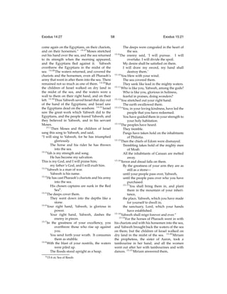 Exodus 14:27

58

come again on the Egyptians, on their chariots,
and on their horsemen.” 14:27 Moses stretched
out his hand over the sea, and the sea returned
to its strength when the morning appeared;
and the Egyptians ﬂed against it. Yahweh
overthrew the Egyptians in the midst of the
sea. 14:28 The waters returned, and covered the
chariots and the horsemen, even all Pharaoh’s
army that went in after them into the sea. There
remained not so much as one of them. 14:29 But
the children of Israel walked on dry land in
the midst of the sea, and the waters were a
wall to them on their right hand, and on their
left. 14:30 Thus Yahweh saved Israel that day out
of the hand of the Egyptians; and Israel saw
the Egyptians dead on the seashore. 14:31 Israel
saw the great work which Yahweh did to the
Egyptians, and the people feared Yahweh; and
they believed in Yahweh, and in his servant
Moses.
15:1
Then Moses and the children of Israel
sang this song to Yahweh, and said,
“I will sing to Yahweh, for he has triumphed
gloriously.
The horse and his rider he has thrown
into the sea.
15:2
Yah is my strength and song.
He has become my salvation.
This is my God, and I will praise him;
my father’s God, and I will exalt him.
15:3
Yahweh is a man of war.
Yahweh is his name.
15:4
He has cast Pharaoh’s chariots and his army
into the sea.
His chosen captains are sunk in the Red
Seah .
15:5
The deeps cover them.
They went down into the depths like a
stone.
15:6
Your right hand, Yahweh, is glorious in
power.
Your right hand, Yahweh, dashes the
enemy in pieces.
15:7
In the greatness of your excellency, you
overthrow those who rise up against
you.
You send forth your wrath. It consumes
them as stubble.
15:8
With the blast of your nostrils, the waters
were piled up.
The ﬂoods stood upright as a heap.
h 15:4

or, Sea of Reeds

Exodus 15:21

The deeps were congealed in the heart of
the sea.
15:9
The enemy said, ‘I will pursue. I will
overtake. I will divide the spoil.
My desire shall be satisﬁed on them.
I will draw my sword, my hand shall
destroy them.’
15:10
You blew with your wind.
The sea covered them.
They sank like lead in the mighty waters.
15:11
Who is like you, Yahweh, among the gods?
Who is like you, glorious in holiness,
fearful in praises, doing wonders?
15:12
You stretched out your right hand.
The earth swallowed them.
15:13
“You, in your loving kindness, have led the
people that you have redeemed.
You have guided them in your strength to
your holy habitation.
15:14
The peoples have heard.
They tremble.
Pangs have taken hold on the inhabitants
of Philistia.
15:15
Then the chiefs of Edom were dismayed.
Trembling takes hold of the mighty men
of Moab.
All the inhabitants of Canaan are melted
away.
15:16
Terror and dread falls on them.
By the greatness of your arm they are as
still as a stone—
until your people pass over, Yahweh,
until the people pass over who you have
purchased.
15:17
You shall bring them in, and plant
them in the mountain of your inheritance,
the place, Yahweh, which you have made
for yourself to dwell in;
the sanctuary, Lord, which your hands
have established.
15:18
Yahweh shall reign forever and ever.”
15:19
For the horses of Pharaoh went in with
his chariots and with his horsemen into the sea,
and Yahweh brought back the waters of the sea
on them; but the children of Israel walked on
dry land in the midst of the sea. 15:20 Miriam
the prophetess, the sister of Aaron, took a
tambourine in her hand; and all the women
went out after her with tambourines and with
dances. 15:21 Miriam answered them,

 