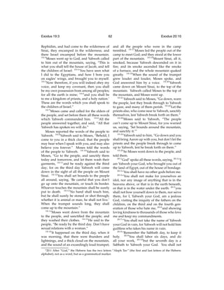 Exodus 19:3

62

Rephidim, and had come to the wilderness of
Sinai, they encamped in the wilderness; and
there Israel encamped before the mountain.
19:3
Moses went up to God, and Yahweh called
to him out of the mountain, saying, “This is
what you shall tell the house of Jacob, and tell
the children of Israel: 19:4 ‘You have seen what
I did to the Egyptians, and how I bore you
on eagles’ wings, and brought you to myself.
19:5
Now therefore, if you will indeed obey my
voice, and keep my covenant, then you shall
be my own possession from among all peoples;
for all the earth is mine; 19:6 and you shall be
to me a kingdom of priests, and a holy nation.’
These are the words which you shall speak to
the children of Israel.”
19:7
Moses came and called for the elders of
the people, and set before them all these words
which Yahweh commanded him. 19:8 All the
people answered together, and said, “All that
Yahweh has spoken we will do.”
Moses reported the words of the people to
Yahweh. 19:9 Yahweh said to Moses, “Behold, I
come to you in a thick cloud, that the people
may hear when I speak with you, and may also
believe you forever.” Moses told the words
of the people to Yahweh. 19:10 Yahweh said to
Moses, “Go to the people, and sanctify them
today and tomorrow, and let them wash their
garments, 19:11 and be ready against the third
day; for on the third day Yahweh will come
down in the sight of all the people on Mount
Sinai. 19:12 You shall set bounds to the people
all around, saying, ‘Be careful that you don’t
go up onto the mountain, or touch its border.
Whoever touches the mountain shall be surely
put to death. 19:13 No hand shall touch him,
but he shall surely be stoned or shot through;
whether it is animal or man, he shall not live.’
When the trumpet sounds long, they shall
come up to the mountain.”
19:14
Moses went down from the mountain
to the people, and sanctiﬁed the people; and
they washed their clothes. 19:15 He said to the
people, “Be ready by the third day. Don’t have
sexual relations with a woman.”
19:16
It happened on the third day, when it
was morning, that there were thunders and
lightnings, and a thick cloud on the mountain,
and the sound of an exceedingly loud trumpet;
s 20:1

Exodus 20:10
and all the people who were in the camp
trembled. 19:17 Moses led the people out of the
camp to meet God; and they stood at the lower
part of the mountain. 19:18 Mount Sinai, all it,
smoked, because Yahweh descended on it in
ﬁre; and its smoke ascended like the smoke
of a furnace, and the whole mountain quaked
greatly. 19:19 When the sound of the trumpet
grew louder and louder, Moses spoke, and
God answered him by a voice. 19:20 Yahweh
came down on Mount Sinai, to the top of the
mountain. Yahweh called Moses to the top of
the mountain, and Moses went up.
19:21
Yahweh said to Moses, “Go down, warn
the people, lest they break through to Yahweh
to gaze, and many of them perish. 19:22 Let the
priests also, who come near to Yahweh, sanctify
themselves, lest Yahweh break forth on them.”
19:23
Moses said to Yahweh, “The people
can’t come up to Mount Sinai, for you warned
us, saying, ‘Set bounds around the mountain,
and sanctify it.’”
19:24
Yahweh said to him, “Go down and you
shall bring Aaron up with you, but don’t let the
priests and the people break through to come
up to Yahweh, lest he break forth on them.”
19:25
So Moses went down to the people, and
told them.
20:1
Gods spoke all these words, saying, 20:2 “I
am Yahweh your God, who brought you out of
the land of Egypt, out of the house of bondage.
20:3
“You shall have no other gods before me.
20:4
“You shall not make for yourselves an
idol, nor any image of anything that is in the
heavens above, or that is in the earth beneath,
or that is in the water under the earth: 20:5 you
shall not bow yourself down to them, nor serve
them, for I, Yahweh your God, am a jealous
God, visiting the iniquity of the fathers on the
children, on the third and on the fourth generation of those who hate me, 20:6 and showing
loving kindness to thousands of those who love
me and keep my commandments.
20:7
“You shall not take the name of Yahweh
your God in vain, for Yahweh will not hold him
guiltless who takes his name in vain.
20:8
“Remember the Sabbath day, to keep it
holy. 20:9 You shall labor six days, and do
all your work, 20:10 but the seventh day is a
Sabbath to Yahweh your God. You shall not

After “God,” the Hebrew has the two letters “Aleph Tav” (the ﬁrst and last letters of the Hebrew
alphabet), not as a word, but as a grammatical marker.

 