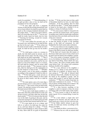 Exodus 21:21

64

surely be punished. 21:21 Notwithstanding, if
he gets up after a day or two, he shall not be
punished, for he is his property.
21:22
“If men ﬁght and hurt a pregnant
woman so that she gives birth prematurely, and
yet no harm follows, he shall be surely ﬁned as
much as the woman’s husband demands and
the judges allow. 21:23 But if any harm follows,
then you must take life for life, 21:24 eye for eye,
tooth for tooth, hand for hand, foot for foot,
21:25
burning for burning, wound for wound,
and bruise for bruise.
21:26
“If a man strikes his servant’s eye, or
his maid’s eye, and destroys it, he shall let him
go free for his eye’s sake. 21:27 If he strikes out
his male servant’s tooth, or his female servant’s
tooth, he shall let him go free for his tooth’s
sake.
21:28
“If a bull gores a man or a woman to
death, the bull shall surely be stoned, and its
ﬂesh shall not be eaten; but the owner of the
bull shall not be held responsible. 21:29 But if
the bull had a habit of goring in the past, and it
has been testiﬁed to its owner, and he has not
kept it in, but it has killed a man or a woman,
the bull shall be stoned, and its owner shall
also be put to death. 21:30 If a ransom is laid on
him, then he shall give for the redemption of
his life whatever is laid on him. 21:31 Whether
it has gored a son or has gored a daughter,
according to this judgment it shall be done to
him. 21:32 If the bull gores a male servant or
a female servant, thirty shekels of silver shall
be given to their master, and the ox shall be
stoned.
21:33
“If a man opens a pit, or if a man digs a
pit and doesn’t cover it, and a bull or a donkey
falls into it, 21:34 the owner of the pit shall make
it good. He shall give money to its owner, and
the dead animal shall be his.
21:35
“If one man’s bull injures another’s, so
that it dies, then they shall sell the live bull, and
divide its price; and they shall also divide the
dead animal. 21:36 Or if it is known that the bull
was in the habit of goring in the past, and its
owner has not kept it in, he shall surely pay bull
for bull, and the dead animal shall be his own.
22:1
“If a man steals an ox or a sheep, and
kills it, or sells it; he shall pay ﬁve oxen for
an ox, and four sheep for a sheep. 22:2 If the
thief is found breaking in, and is struck so that
he dies, there shall be no guilt of bloodshed

Exodus 22:19

for him. 22:3 If the sun has risen on him, guilt
of bloodshed shall be for him; he shall make
restitution. If he has nothing, then he shall
be sold for his theft. 22:4 If the stolen property
is found in his hand alive, whether it is ox,
donkey, or sheep, he shall pay double.
22:5
“If a man causes a ﬁeld or vineyard to be
eaten, and lets his animal loose, and it grazes
in another man’s ﬁeld, he shall make restitution
from the best of his own ﬁeld, and from the best
of his own vineyard.
22:6
“If ﬁre breaks out, and catches in thorns
so that the shocks of grain, or the standing
grain, or the ﬁeld are consumed; he who
kindled the ﬁre shall surely make restitution.
22:7
“If a man delivers to his neighbor money
or stuff to keep, and it is stolen out of the man’s
house; if the thief is found, he shall pay double.
22:8
If the thief isn’t found, then the master of
the house shall come near to God, to ﬁnd out if
he hasn’t put his hand to his neighbor’s goods.
22:9
For every matter of trespass, whether it be
for ox, for donkey, for sheep, for clothing, or for
any kind of lost thing, about which one says,
‘This is mine,’ the cause of both parties shall
come before God. He whom God condemns
shall pay double to his neighbor.
22:10
“If a man delivers to his neighbor a
donkey, an ox, a sheep, or any animal to keep,
and it dies or is injured, or driven away, no
man seeing it; 22:11 the oath of Yahweh shall
be between them both, whether he hasn’t put
his hand to his neighbor’s goods; and its
owner shall accept it, and he shall not make
restitution. 22:12 But if it is stolen from him, he
shall make restitution to its owner. 22:13 If it is
torn in pieces, let him bring it for evidence. He
shall not make good that which was torn.
22:14
“If a man borrows anything of his
neighbor’s, and it is injured, or dies, its owner
not being with it, he shall surely make restitution. 22:15 If its owner is with it, he shall not
make it good. If it is a leased thing, it came for
its lease.
22:16
“If a man entices a virgin who isn’t
pledged to be married, and lies with her, he
shall surely pay a dowry for her to be his wife.
22:17
If her father utterly refuses to give her
to him, he shall pay money according to the
dowry of virgins.
22:18
“You shall not allow a sorceress to live.
22:19
“Whoever has sex with an animal shall

 
