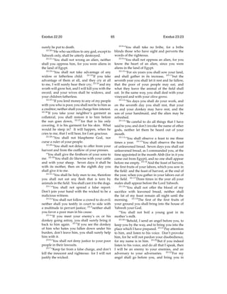 Exodus 22:20

65

surely be put to death.
22:20
“He who sacriﬁces to any god, except to
Yahweh only, shall be utterly destroyed.
22:21
“You shall not wrong an alien, neither
shall you oppress him, for you were aliens in
the land of Egypt.
22:22
“You shall not take advantage of any
widow or fatherless child. 22:23 If you take
advantage of them at all, and they cry at all
to me, I will surely hear their cry; 22:24 and my
wrath will grow hot, and I will kill you with the
sword; and your wives shall be widows, and
your children fatherless.
22:25
“If you lend money to any of my people
with you who is poor, you shall not be to him as
a creditor; neither shall you charge him interest.
22:26
If you take your neighbor’s garment as
collateral, you shall restore it to him before
the sun goes down, 22:27 for that is his only
covering, it is his garment for his skin. What
would he sleep in? It will happen, when he
cries to me, that I will hear, for I am gracious.
22:28
“You shall not blaspheme God, nor
curse a ruler of your people.
22:29
“You shall not delay to offer from your
harvest and from the outﬂow of your presses.
“You shall give the ﬁrstborn of your sons to
me. 22:30 You shall do likewise with your cattle
and with your sheep. Seven days it shall be
with its mother, then on the eighth day you
shall give it to me.
22:31
“You shall be holy men to me, therefore
you shall not eat any ﬂesh that is torn by
animals in the ﬁeld. You shall cast it to the dogs.
23:1
“You shall not spread a false report.
Don’t join your hand with the wicked to be a
malicious witness.
23:2
“You shall not follow a crowd to do evil;
neither shall you testify in court to side with
a multitude to pervert justice; 23:3 neither shall
you favor a poor man in his cause.
23:4
“If you meet your enemy’s ox or his
donkey going astray, you shall surely bring it
back to him again. 23:5 If you see the donkey
of him who hates you fallen down under his
burden, don’t leave him, you shall surely help
him with it.
23:6
“You shall not deny justice to your poor
people in their lawsuits.
23:7
“Keep far from a false charge, and don’t
kill the innocent and righteous: for I will not
justify the wicked.

Exodus 23:23
23:8

“You shall take no bribe, for a bribe
blinds those who have sight and perverts the
words of the righteous.
23:9
“You shall not oppress an alien, for you
know the heart of an alien, since you were
aliens in the land of Egypt.
23:10
“For six years you shall sow your land,
and shall gather in its increase, 23:11 but the
seventh year you shall let it rest and lie fallow,
that the poor of your people may eat; and
what they leave the animal of the ﬁeld shall
eat. In the same way, you shall deal with your
vineyard and with your olive grove.
23:12
“Six days you shall do your work, and
on the seventh day you shall rest, that your
ox and your donkey may have rest, and the
son of your handmaid, and the alien may be
refreshed.
23:13
“Be careful to do all things that I have
said to you; and don’t invoke the name of other
gods, neither let them be heard out of your
mouth.
23:14
“You shall observe a feast to me three
times a year. 23:15 You shall observe the feast
of unleavened bread. Seven days you shall eat
unleavened bread, as I commanded you, at the
time appointed in the month Abib (for in it you
came out from Egypt), and no one shall appear
before me empty. 23:16 And the feast of harvest,
the ﬁrst fruits of your labors, which you sow in
the ﬁeld: and the feast of harvest, at the end of
the year, when you gather in your labors out of
the ﬁeld. 23:17 Three times in the year all your
males shall appear before the Lord Yahweh.
23:18
“You shall not offer the blood of my
sacriﬁce with leavened bread, neither shall
the fat of my feast remain all night until the
morning. 23:19 The ﬁrst of the ﬁrst fruits of
your ground you shall bring into the house of
Yahweh your God.
“You shall not boil a young goat in its
mother’s milk.
23:20
“Behold, I send an angel before you, to
keep you by the way, and to bring you into the
place which I have prepared. 23:21 Pay attention
to him, and listen to his voice. Don’t provoke
him, for he will not pardon your disobedience,
for my name is in him. 23:22 But if you indeed
listen to his voice, and do all that I speak, then
I will be an enemy to your enemies, and an
adversary to your adversaries. 23:23 For my
angel shall go before you, and bring you in

 