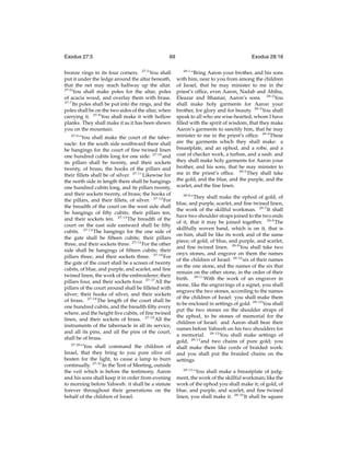 Exodus 27:5

69

bronze rings in its four corners. 27:5 You shall
put it under the ledge around the altar beneath,
that the net may reach halfway up the altar.
27:6
You shall make poles for the altar, poles
of acacia wood, and overlay them with brass.
27:7
Its poles shall be put into the rings, and the
poles shall be on the two sides of the altar, when
carrying it. 27:8 You shall make it with hollow
planks. They shall make it as it has been shown
you on the mountain.
27:9

“You shall make the court of the tabernacle: for the south side southward there shall
be hangings for the court of ﬁne twined linen
one hundred cubits long for one side: 27:10 and
its pillars shall be twenty, and their sockets
twenty, of brass; the hooks of the pillars and
their ﬁllets shall be of silver. 27:11 Likewise for
the north side in length there shall be hangings
one hundred cubits long, and its pillars twenty,
and their sockets twenty, of brass; the hooks of
the pillars, and their ﬁllets, of silver. 27:12 For
the breadth of the court on the west side shall
be hangings of ﬁfty cubits; their pillars ten,
and their sockets ten. 27:13 The breadth of the
court on the east side eastward shall be ﬁfty
cubits. 27:14 The hangings for the one side of
the gate shall be ﬁfteen cubits; their pillars
three, and their sockets three. 27:15 For the other
side shall be hangings of ﬁfteen cubits; their
pillars three, and their sockets three. 27:16 For
the gate of the court shall be a screen of twenty
cubits, of blue, and purple, and scarlet, and ﬁne
twined linen, the work of the embroiderer; their
pillars four, and their sockets four. 27:17 All the
pillars of the court around shall be ﬁlleted with
silver; their hooks of silver, and their sockets
of brass. 27:18 The length of the court shall be
one hundred cubits, and the breadth ﬁfty every
where, and the height ﬁve cubits, of ﬁne twined
linen, and their sockets of brass. 27:19 All the
instruments of the tabernacle in all its service,
and all its pins, and all the pins of the court,
shall be of brass.
27:20
“You shall command the children of
Israel, that they bring to you pure olive oil
beaten for the light, to cause a lamp to burn
continually. 27:21 In the Tent of Meeting, outside
the veil which is before the testimony, Aaron
and his sons shall keep it in order from evening
to morning before Yahweh: it shall be a statute
forever throughout their generations on the
behalf of the children of Israel.

Exodus 28:16
28:1

“Bring Aaron your brother, and his sons
with him, near to you from among the children
of Israel, that he may minister to me in the
priest’s ofﬁce, even Aaron, Nadab and Abihu,
Eleazar and Ithamar, Aaron’s sons. 28:2 You
shall make holy garments for Aaron your
brother, for glory and for beauty. 28:3 You shall
speak to all who are wise-hearted, whom I have
ﬁlled with the spirit of wisdom, that they make
Aaron’s garments to sanctify him, that he may
minister to me in the priest’s ofﬁce. 28:4 These
are the garments which they shall make: a
breastplate, and an ephod, and a robe, and a
coat of checker work, a turban, and a sash: and
they shall make holy garments for Aaron your
brother, and his sons, that he may minister to
me in the priest’s ofﬁce. 28:5 They shall take
the gold, and the blue, and the purple, and the
scarlet, and the ﬁne linen.
28:6

“They shall make the ephod of gold, of
blue, and purple, scarlet, and ﬁne twined linen,
the work of the skillful workman. 28:7 It shall
have two shoulder straps joined to the two ends
of it, that it may be joined together. 28:8 The
skillfully woven band, which is on it, that is
on him, shall be like its work and of the same
piece; of gold, of blue, and purple, and scarlet,
and ﬁne twined linen. 28:9 You shall take two
onyx stones, and engrave on them the names
of the children of Israel: 28:10 six of their names
on the one stone, and the names of the six that
remain on the other stone, in the order of their
birth. 28:11 With the work of an engraver in
stone, like the engravings of a signet, you shall
engrave the two stones, according to the names
of the children of Israel: you shall make them
to be enclosed in settings of gold. 28:12 You shall
put the two stones on the shoulder straps of
the ephod, to be stones of memorial for the
children of Israel: and Aaron shall bear their
names before Yahweh on his two shoulders for
a memorial. 28:13 You shall make settings of
gold, 28:14 and two chains of pure gold; you
shall make them like cords of braided work:
and you shall put the braided chains on the
settings.
28:15
“You shall make a breastplate of judgment, the work of the skillful workman; like the
work of the ephod you shall make it; of gold, of
blue, and purple, and scarlet, and ﬁne twined
linen, you shall make it. 28:16 It shall be square

 