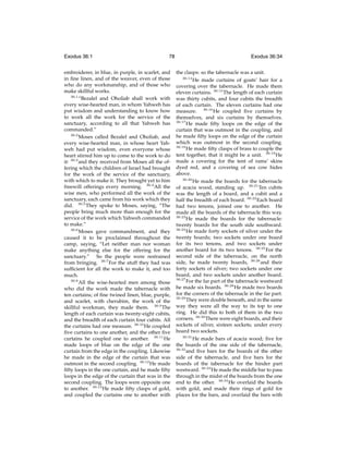 Exodus 36:1

78

embroiderer, in blue, in purple, in scarlet, and
in ﬁne linen, and of the weaver, even of those
who do any workmanship, and of those who
make skillful works.
36:1
“Bezalel and Oholiab shall work with
every wise-hearted man, in whom Yahweh has
put wisdom and understanding to know how
to work all the work for the service of the
sanctuary, according to all that Yahweh has
commanded.”
36:2
Moses called Bezalel and Oholiab, and
every wise-hearted man, in whose heart Yahweh had put wisdom, even everyone whose
heart stirred him up to come to the work to do
it: 36:3 and they received from Moses all the offering which the children of Israel had brought
for the work of the service of the sanctuary,
with which to make it. They brought yet to him
freewill offerings every morning. 36:4 All the
wise men, who performed all the work of the
sanctuary, each came from his work which they
did. 36:5 They spoke to Moses, saying, “The
people bring much more than enough for the
service of the work which Yahweh commanded
to make.”
36:6
Moses gave commandment, and they
caused it to be proclaimed throughout the
camp, saying, “Let neither man nor woman
make anything else for the offering for the
sanctuary.” So the people were restrained
from bringing. 36:7 For the stuff they had was
sufﬁcient for all the work to make it, and too
much.
36:8
All the wise-hearted men among those
who did the work made the tabernacle with
ten curtains; of ﬁne twined linen, blue, purple,
and scarlet, with cherubim, the work of the
skillful workman, they made them. 36:9 The
length of each curtain was twenty-eight cubits,
and the breadth of each curtain four cubits. All
the curtains had one measure. 36:10 He coupled
ﬁve curtains to one another, and the other ﬁve
curtains he coupled one to another. 36:11 He
made loops of blue on the edge of the one
curtain from the edge in the coupling. Likewise
he made in the edge of the curtain that was
outmost in the second coupling. 36:12 He made
ﬁfty loops in the one curtain, and he made ﬁfty
loops in the edge of the curtain that was in the
second coupling. The loops were opposite one
to another. 36:13 He made ﬁfty clasps of gold,
and coupled the curtains one to another with

Exodus 36:34
the clasps: so the tabernacle was a unit.
36:14
He made curtains of goats’ hair for a
covering over the tabernacle. He made them
eleven curtains. 36:15 The length of each curtain
was thirty cubits, and four cubits the breadth
of each curtain. The eleven curtains had one
measure. 36:16 He coupled ﬁve curtains by
themselves, and six curtains by themselves.
36:17
He made ﬁfty loops on the edge of the
curtain that was outmost in the coupling, and
he made ﬁfty loops on the edge of the curtain
which was outmost in the second coupling.
36:18
He made ﬁfty clasps of brass to couple the
tent together, that it might be a unit. 36:19 He
made a covering for the tent of rams’ skins
dyed red, and a covering of sea cow hides
above.
36:20
He made the boards for the tabernacle
of acacia wood, standing up. 36:21 Ten cubits
was the length of a board, and a cubit and a
half the breadth of each board. 36:22 Each board
had two tenons, joined one to another. He
made all the boards of the tabernacle this way.
36:23
He made the boards for the tabernacle:
twenty boards for the south side southward.
36:24
He made forty sockets of silver under the
twenty boards; two sockets under one board
for its two tenons, and two sockets under
another board for its two tenons. 36:25 For the
second side of the tabernacle, on the north
side, he made twenty boards, 36:26 and their
forty sockets of silver; two sockets under one
board, and two sockets under another board.
36:27
For the far part of the tabernacle westward
he made six boards. 36:28 He made two boards
for the corners of the tabernacle in the far part.
36:29
They were double beneath, and in the same
way they were all the way to its top to one
ring. He did this to both of them in the two
corners. 36:30 There were eight boards, and their
sockets of silver, sixteen sockets; under every
board two sockets.
36:31
He made bars of acacia wood; ﬁve for
the boards of the one side of the tabernacle,
36:32
and ﬁve bars for the boards of the other
side of the tabernacle, and ﬁve bars for the
boards of the tabernacle for the hinder part
westward. 36:33 He made the middle bar to pass
through in the midst of the boards from the one
end to the other. 36:34 He overlaid the boards
with gold, and made their rings of gold for
places for the bars, and overlaid the bars with

 