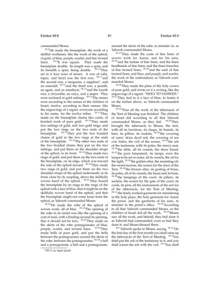 Exodus 39:8

81

commanded Moses.
39:8
He made the breastplate, the work of a
skillful workman, like the work of the ephod;
of gold, of blue, purple, scarlet, and ﬁne twined
linen. 39:9 It was square. They made the
breastplate double. Its length was a span, and
its breadth a span, being double. 39:10 They
set in it four rows of stones. A row of ruby,
topaz, and beryl was the ﬁrst row; 39:11 and
the second row, a turquoise, a sapphirey , and
an emerald; 39:12 and the third row, a jacinth,
an agate, and an amethyst; 39:13 and the fourth
row, a chrysolite, an onyx, and a jasper. They
were enclosed in gold settings. 39:14 The stones
were according to the names of the children of
Israel, twelve, according to their names; like
the engravings of a signet, everyone according
to his name, for the twelve tribes. 39:15 They
made on the breastplate chains like cords, of
braided work of pure gold. 39:16 They made
two settings of gold, and two gold rings, and
put the two rings on the two ends of the
breastplate. 39:17 They put the two braided
chains of gold in the two rings at the ends
of the breastplate. 39:18 The other two ends of
the two braided chains they put on the two
settings, and put them on the shoulder straps
of the ephod, in its front. 39:19 They made two
rings of gold, and put them on the two ends of
the breastplate, on its edge, which was toward
the side of the ephod inward. 39:20 They made
two rings of gold, and put them on the two
shoulder straps of the ephod underneath, in its
front, close by its coupling, above the skillfully
woven band of the ephod. 39:21 They bound
the breastplate by its rings to the rings of the
ephod with a lace of blue, that it might be on the
skillfully woven band of the ephod, and that
the breastplate might not come loose from the
ephod, as Yahweh commanded Moses.
39:22
He made the robe of the ephod of
woven work, all of blue. 39:23 The opening of
the robe in its midst was like the opening of a
coat of mail, with a binding around its opening,
that it should not be torn. 39:24 They made on
the skirts of the robe pomegranates of blue,
purple, scarlet, and twined linen. 39:25 They
made bells of pure gold, and put the bells
between the pomegranates around the skirts of
the robe, between the pomegranates; 39:26 a bell
and a pomegranate, a bell and a pomegranate,
y 39:11

or, lapis lazuli

Exodus 40:4

around the skirts of the robe, to minister in, as
Yahweh commanded Moses.
39:27
They made the coats of ﬁne linen of
woven work for Aaron, and for his sons,
39:28
and the turban of ﬁne linen, and the linen
headbands of ﬁne linen, and the linen breeches
of ﬁne twined linen, 39:29 and the sash of ﬁne
twined linen, and blue, and purple, and scarlet,
the work of the embroiderer, as Yahweh commanded Moses.
39:30
They made the plate of the holy crown
of pure gold, and wrote on it a writing, like the
engravings of a signet: “HOLY TO YAHWEH.”
39:31
They tied to it a lace of blue, to fasten it
on the turban above, as Yahweh commanded
Moses.
39:32
Thus all the work of the tabernacle of
the Tent of Meeting was ﬁnished. The children
of Israel did according to all that Yahweh
commanded Moses; so they did. 39:33 They
brought the tabernacle to Moses, the tent,
with all its furniture, its clasps, its boards, its
bars, its pillars, its sockets, 39:34 the covering
of rams’ skins dyed red, the covering of sea
cow hides, the veil of the screen, 39:35 the ark
of the testimony with its poles, the mercy seat,
39:36
the table, all its vessels, the show bread,
39:37
the pure lampstand, its lamps, even the
lamps to be set in order, all its vessels, the oil for
the light, 39:38 the golden altar, the anointing oil,
the sweet incense, the screen for the door of the
Tent, 39:39 the bronze altar, its grating of brass,
its poles, all of its vessels, the basin and its base,
39:40
the hangings of the court, its pillars, its
sockets, the screen for the gate of the court, its
cords, its pins, all the instruments of the service
of the tabernacle, for the Tent of Meeting,
39:41
the ﬁnely worked garments for ministering
in the holy place, the holy garments for Aaron
the priest, and the garments of his sons, to
minister in the priest’s ofﬁce. 39:42 According
to all that Yahweh commanded Moses, so the
children of Israel did all the work. 39:43 Moses
saw all the work, and behold, they had done it
as Yahweh had commanded, even so had they
done it: and Moses blessed them.
40:1
Yahweh spoke to Moses, saying, 40:2 “On
the ﬁrst day of the ﬁrst month you shall raise up
the tabernacle of the Tent of Meeting. 40:3 You
shall put the ark of the testimony in it, and you
shall screen the ark with the veil. 40:4 You shall

 