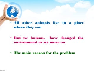 • All other animals live in a place
where they can
• But we human, have changed the
environment as we move on
• The main reason for the problem
 