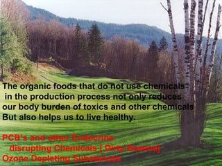 The organic foods that do not use chemicals
in the production process not only reduces
our body burden of toxics and other chemicals
But also helps us to live healthy.
PCB’s and other Endocrine
disrupting Chemicals [ Dirty Dozens]
Ozone Depleting Substances
 