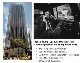Donald Trump (Up) pulled US out of Paris
Climate Agreement and Trump Tower (Left).
• The Trump Tower is 202 m high
• 721 Fifth Avenue, New York USA
• Built 1979 – 1983 at a cost of $847 million (US)
• Has 58 floors, Covers 240 m2
• Office, Hotel, Residential.
 