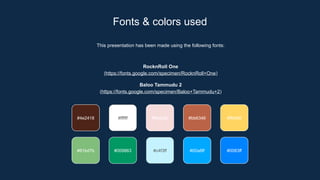 This presentation has been made using the following fonts:
RocknRoll One
(https://fonts.google.com/specimen/RocknRoll+One)
Baloo Tammudu 2
(https://fonts.google.com/specimen/Baloo+Tammudu+2)
#4e2418 #ffffff #f6dbdb #bb6346
#81bd7b #009863 #c4f3ff #00a8ff
#ffd460
#0083ff
Fonts & colors used
 