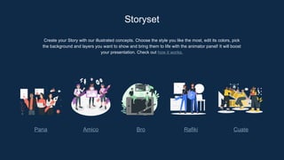 Create your Story with our illustrated concepts. Choose the style you like the most, edit its colors, pick
the background and layers you want to show and bring them to life with the animator panel! It will boost
your presentation. Check out how it works.
Storyset
Pana Amico Bro Rafiki Cuate
 