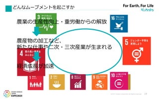 ©2017 Kubota Corporation All Rights Reserved. 19
どんなムーブメントを起こすか
農業の生産性向上・重労働からの解放
農産物の加工など、
新たな仕事や二次・三次産業が生まれる
経済成長が加速
 