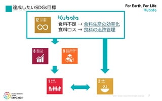 ©2017 Kubota Corporation All Rights Reserved. 7
達成したいSDGs目標
食料不足 → 食料生産の効率化
食料ロス → 食料の追跡管理
 