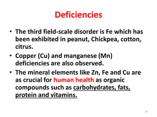 Deficiencies
• The third field-scale disorder is Fe which has
been exhibited in peanut, Chickpea, cotton,
citrus.
• Copper (Cu) and manganese (Mn)
deficiencies are also observed.
• The mineral elements like Zn, Fe and Cu are
as crucial for human health as organic
compounds such as carbohydrates, fats,
protein and vitamins.
24
 
