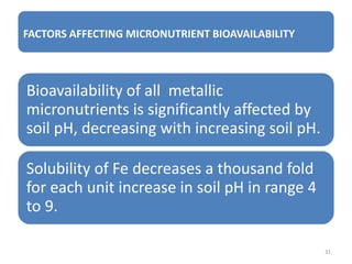 FACTORS AFFECTING MICRONUTRIENT BIOAVAILABILITY
Bioavailability of all metallic
micronutrients is significantly affected by
soil pH, decreasing with increasing soil pH.
Solubility of Fe decreases a thousand fold
for each unit increase in soil pH in range 4
to 9.
31
 