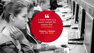 Thomas J. Watson
CEO, IBM. 1943
I think there is a
world market for
computers.
maybe five
 