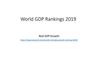 Data Analysis by: MGM ResearchData Source: IMF World Economic Outlook, April 2019
Real GDP Growth
https://mgmresearch.com/world-real-gdp-growth-ranking-2019/
World GDP Rankings 2019
 