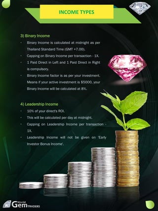 4) Leadership Income
• 10% of your direct's ROI.
• This will be calculated per day at midnight.
• Capping on Leadership Income per transaction -
1X.
• Leadership Income will not be given on 'Early
Investor Bonus Income'.
3) Binary Income
• Binary Income is calculated at midnight as per
Thailand Standard Time (GMT +7.00).
• Capping on Binary Income per transaction - 1X.
• 1 Paid Direct in Left and 1 Paid Direct in Right
is compulsory.
• Binary Income factor is as per your investment.
Means if your active investment is $5000, your
Binary Income will be calculated at 8%.
INCOME TYPES
 