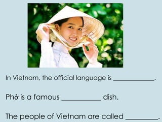 In Vietnam, the official language is _____________.
Phở is a famous ___________ dish.
The people of Vietnam are called _________.
 