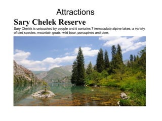 Attractions
Sary Chelek Reserve
Sary Chelek is untouched by people and it contains 7 immaculate alpine lakes, a variety
of bird species, mountain goats, wild boar, porcupines and deer.
 