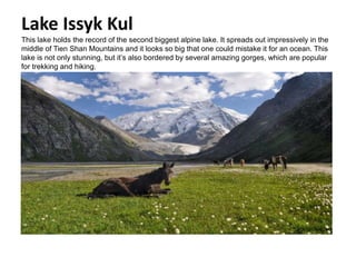 Lake Issyk Kul
This lake holds the record of the second biggest alpine lake. It spreads out impressively in the
middle of Tien Shan Mountains and it looks so big that one could mistake it for an ocean. This
lake is not only stunning, but it’s also bordered by several amazing gorges, which are popular
for trekking and hiking.
 