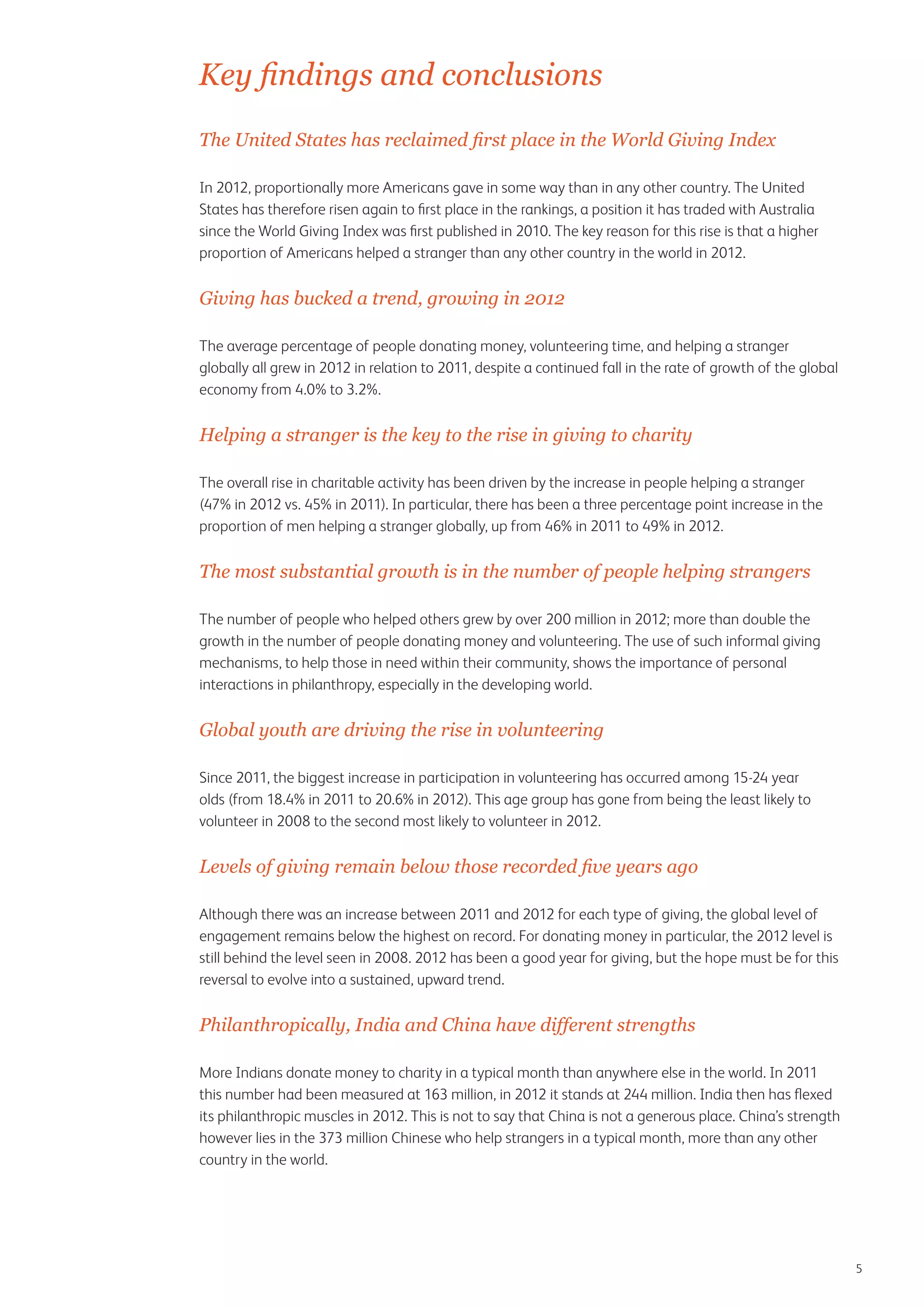 Key findings and conclusions
The United States has reclaimed first place in the World Giving Index
In 2012, proportionally more Americans gave in some way than in any other country. The United
States has therefore risen again to first place in the rankings, a position it has traded with Australia
since the World Giving Index was first published in 2010. The key reason for this rise is that a higher
proportion of Americans helped a stranger than any other country in the world in 2012.

Giving has bucked a trend, growing in 2012
The average percentage of people donating money, volunteering time, and helping a stranger
globally all grew in 2012 in relation to 2011, despite a continued fall in the rate of growth of the global
economy from 4.0% to 3.2%.

Helping a stranger is the key to the rise in giving to charity
The overall rise in charitable activity has been driven by the increase in people helping a stranger
(47% in 2012 vs. 45% in 2011). In particular, there has been a three percentage point increase in the
proportion of men helping a stranger globally, up from 46% in 2011 to 49% in 2012.

The most substantial growth is in the number of people helping strangers
The number of people who helped others grew by over 200 million in 2012; more than double the
growth in the number of people donating money and volunteering. The use of such informal giving
mechanisms, to help those in need within their community, shows the importance of personal
interactions in philanthropy, especially in the developing world.

Global youth are driving the rise in volunteering
Since 2011, the biggest increase in participation in volunteering has occurred among 15-24 year
olds (from 18.4% in 2011 to 20.6% in 2012). This age group has gone from being the least likely to
volunteer in 2008 to the second most likely to volunteer in 2012.

Levels of giving remain below those recorded five years ago
Although there was an increase between 2011 and 2012 for each type of giving, the global level of
engagement remains below the highest on record. For donating money in particular, the 2012 level is
still behind the level seen in 2008. 2012 has been a good year for giving, but the hope must be for this
reversal to evolve into a sustained, upward trend.

Philanthropically, India and China have different strengths
More Indians donate money to charity in a typical month than anywhere else in the world. In 2011
this number had been measured at 163 million, in 2012 it stands at 244 million. India then has flexed
its philanthropic muscles in 2012. This is not to say that China is not a generous place. China’s strength
however lies in the 373 million Chinese who help strangers in a typical month, more than any other
country in the world.

5

 
